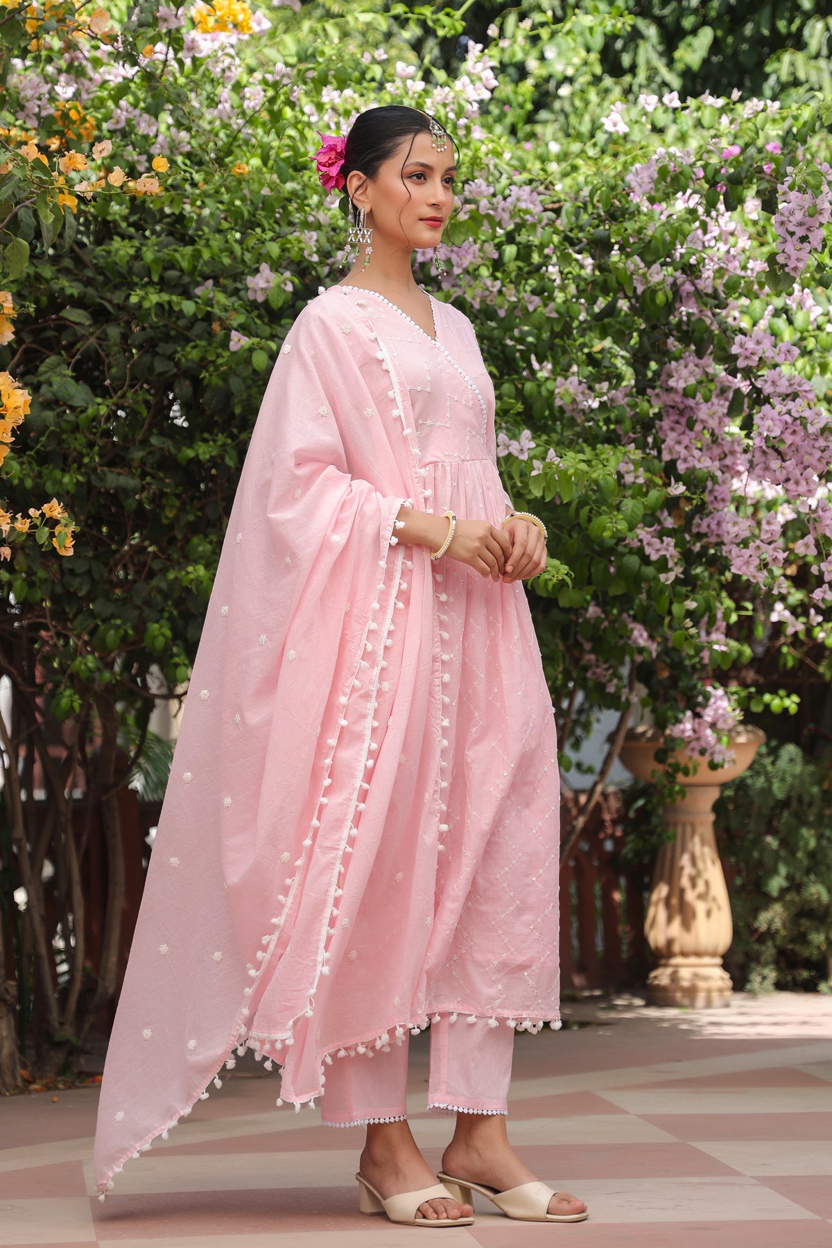 Pink Mulmul Sequin Embroidered Angrakha Suit Set