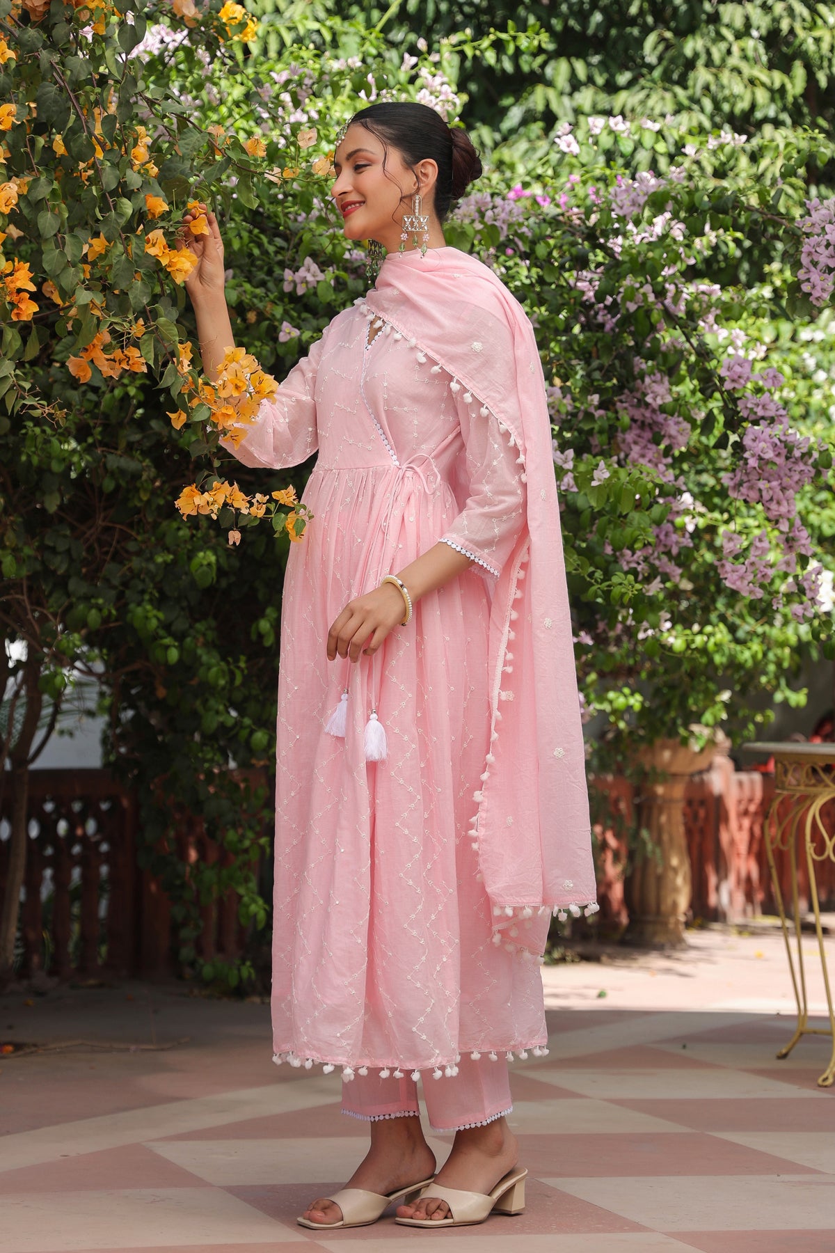 Pink Mulmul Sequin Embroidered Angrakha Suit Set