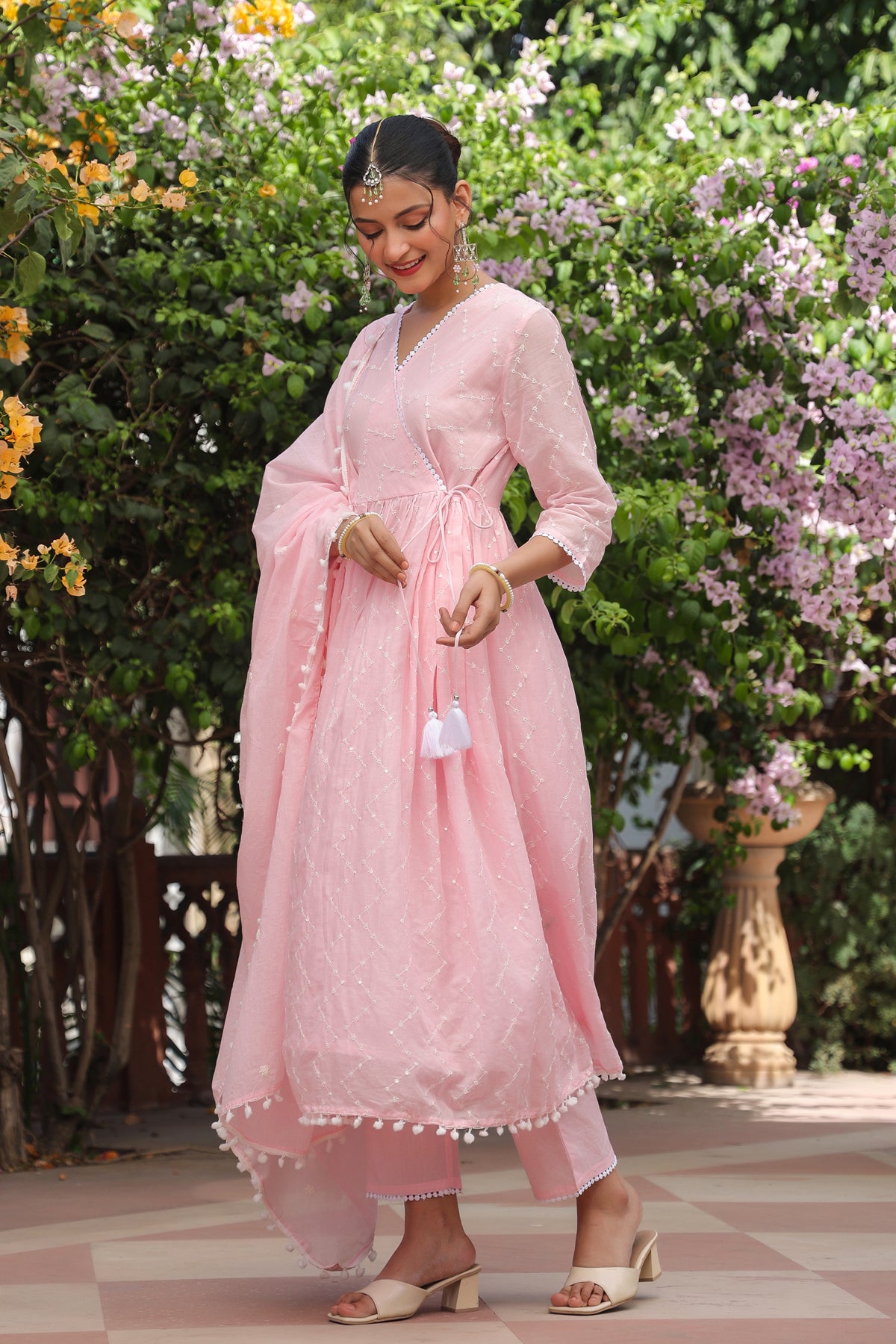 Pink Mulmul Sequin Embroidered Angrakha Suit Set