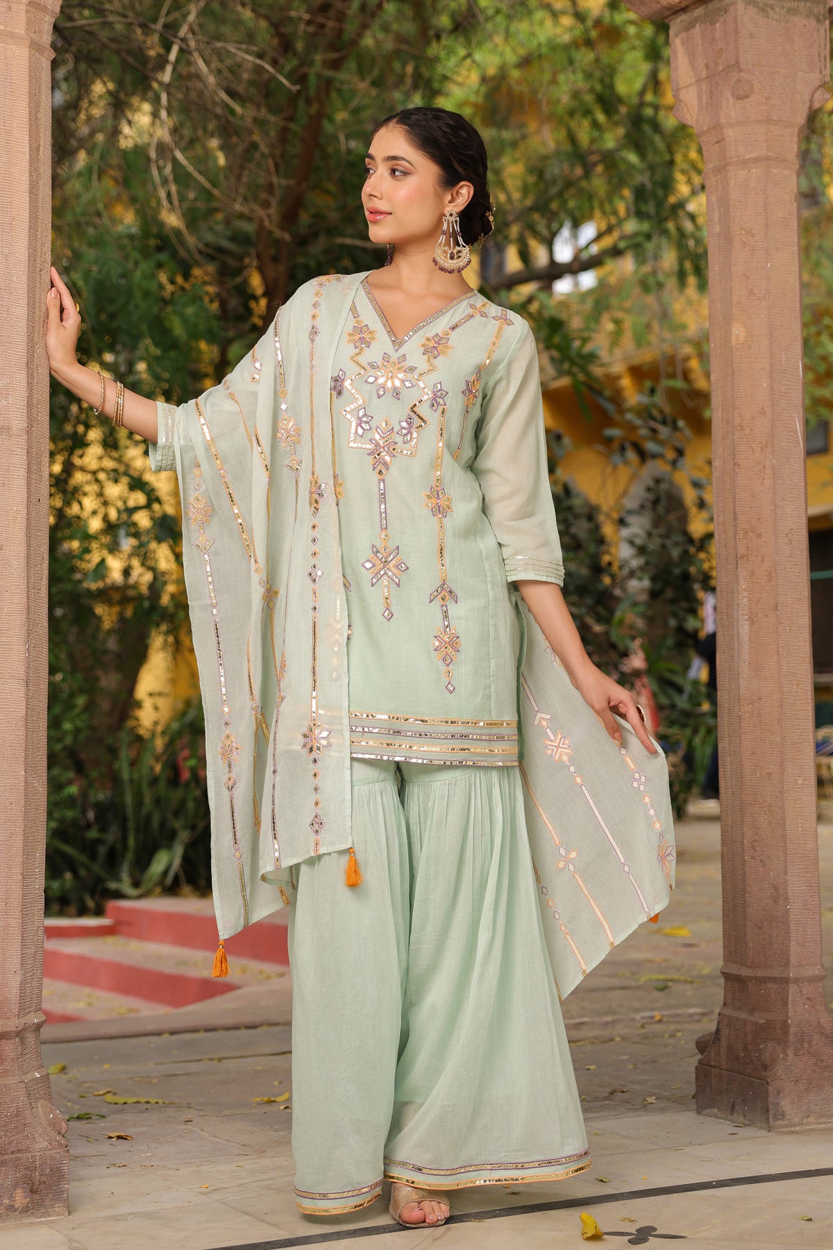 Pista Green Mulmul Gota Embroidered Kurta Sharara Set With Dupatta
