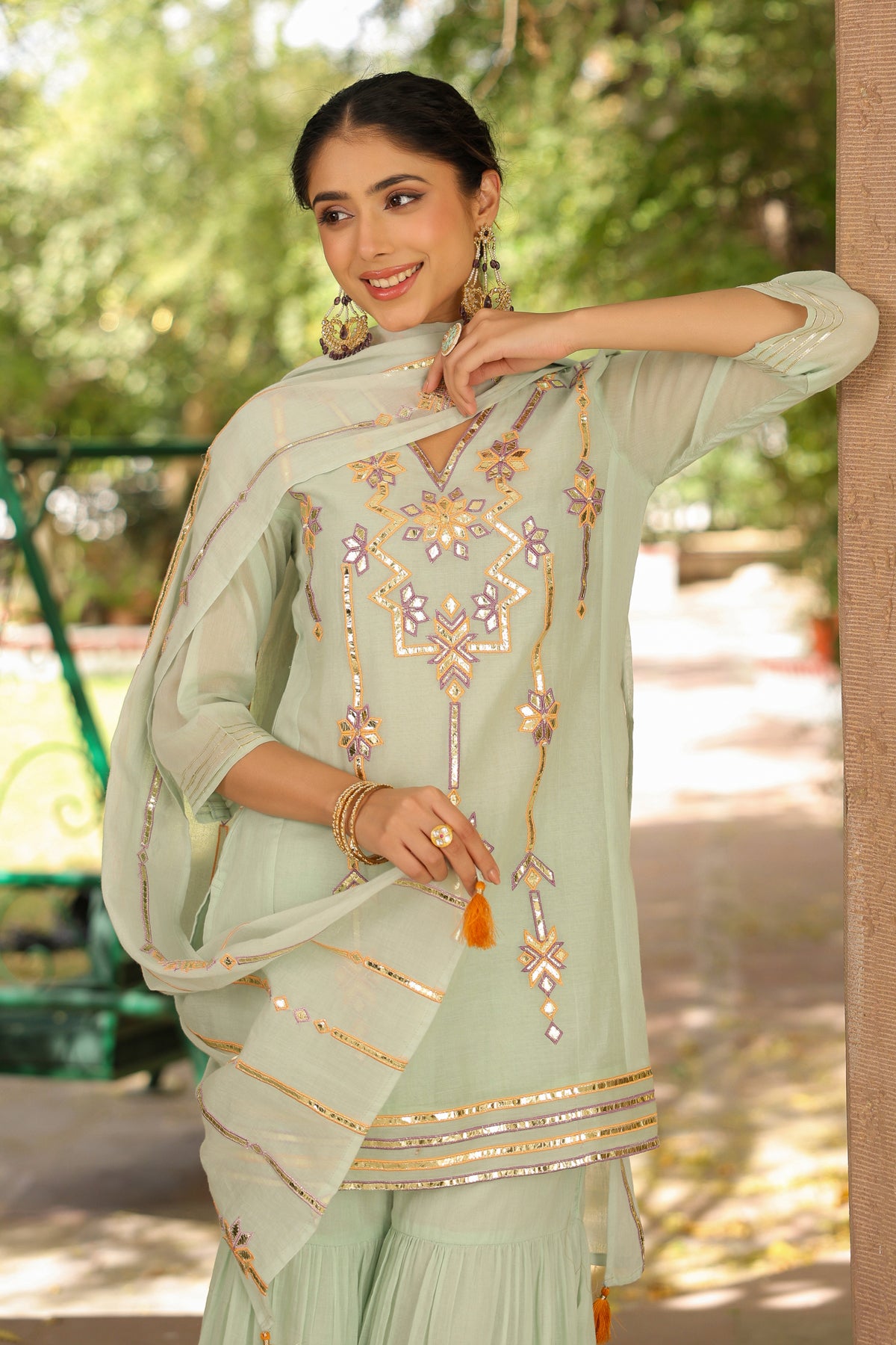 Pista Green Mulmul Gota Embroidered Kurta Sharara Set With Dupatta