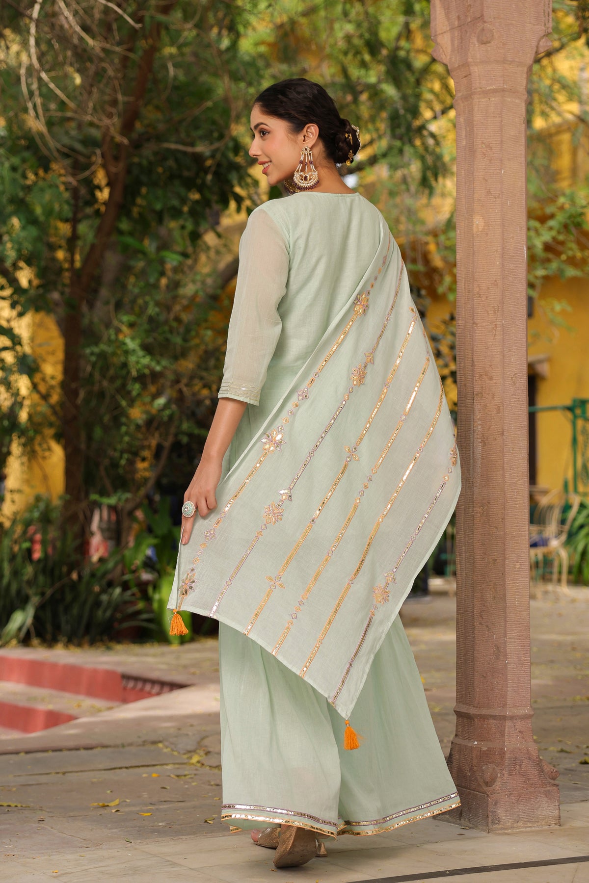 Pista Green Mulmul Gota Embroidered Kurta Sharara Set With Dupatta