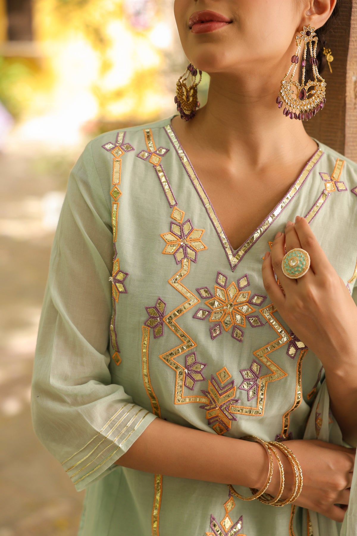 Pista Green Mulmul Gota Embroidered Kurta Sharara Set With Dupatta