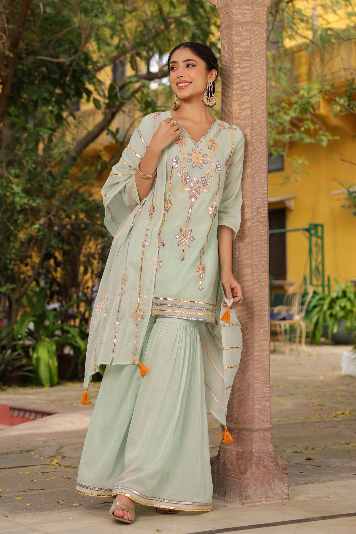 Pista Green Mulmul Gota Embroidered Kurta Sharara Set With Dupatta