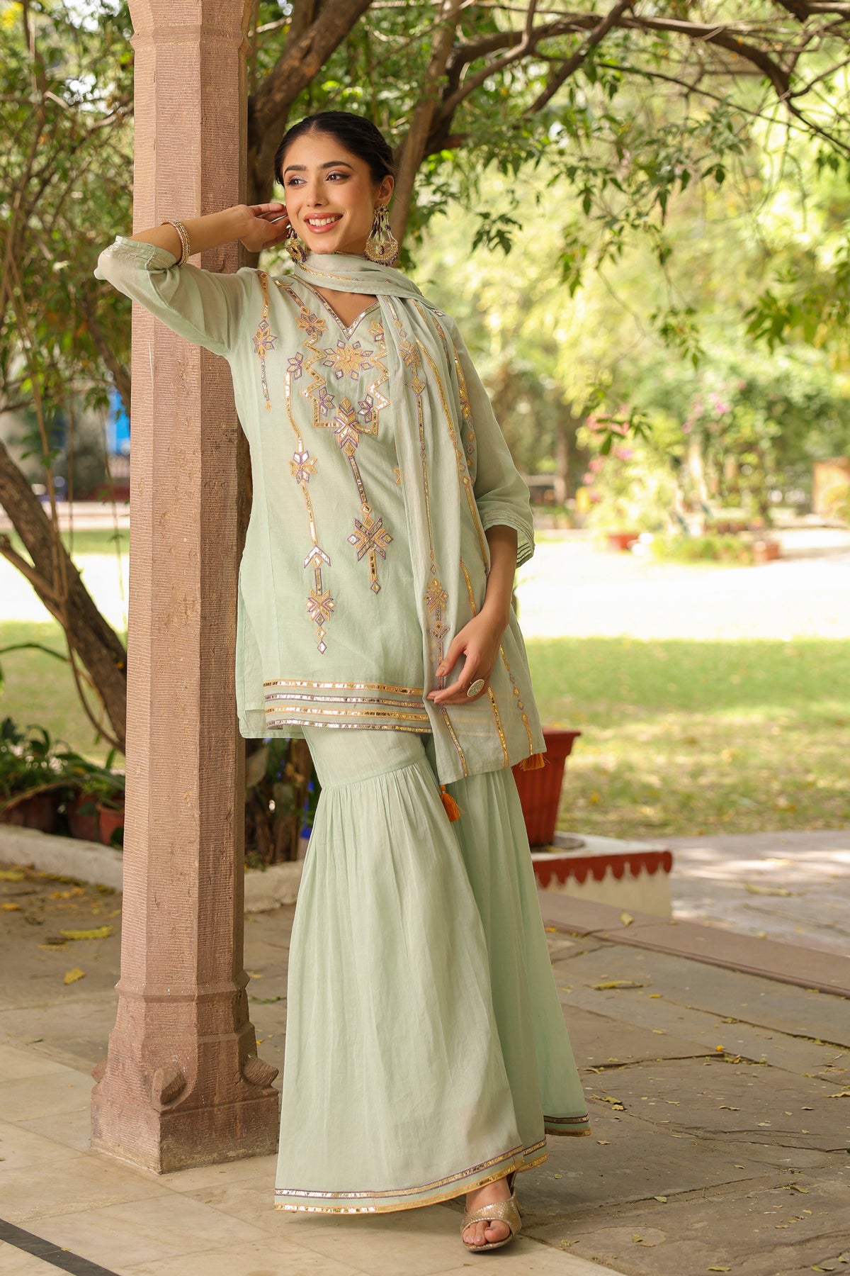 Pista Green Mulmul Gota Embroidered Kurta Sharara Set With Dupatta