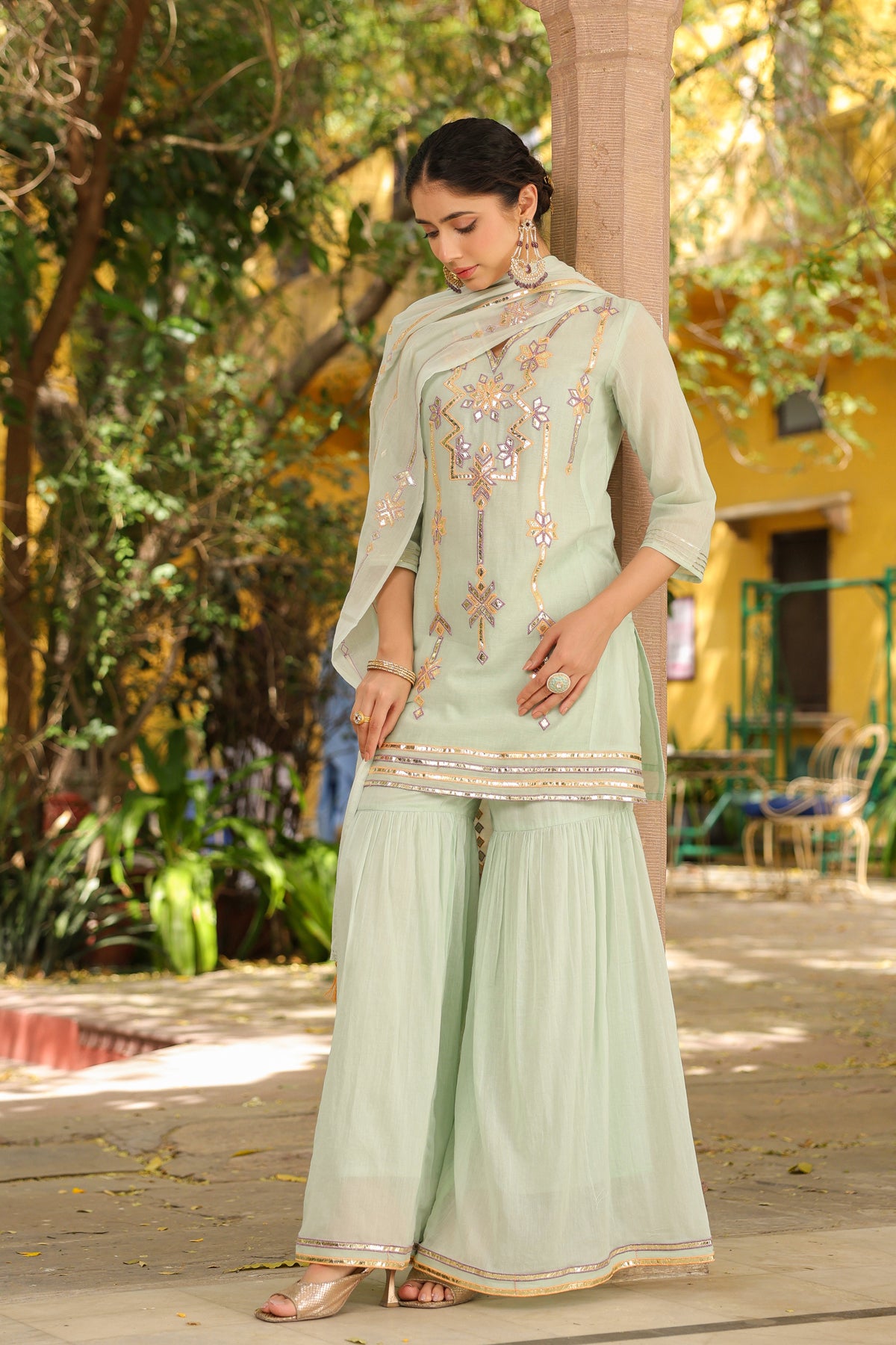 Pista Green Mulmul Gota Embroidered Kurta Sharara Set With Dupatta