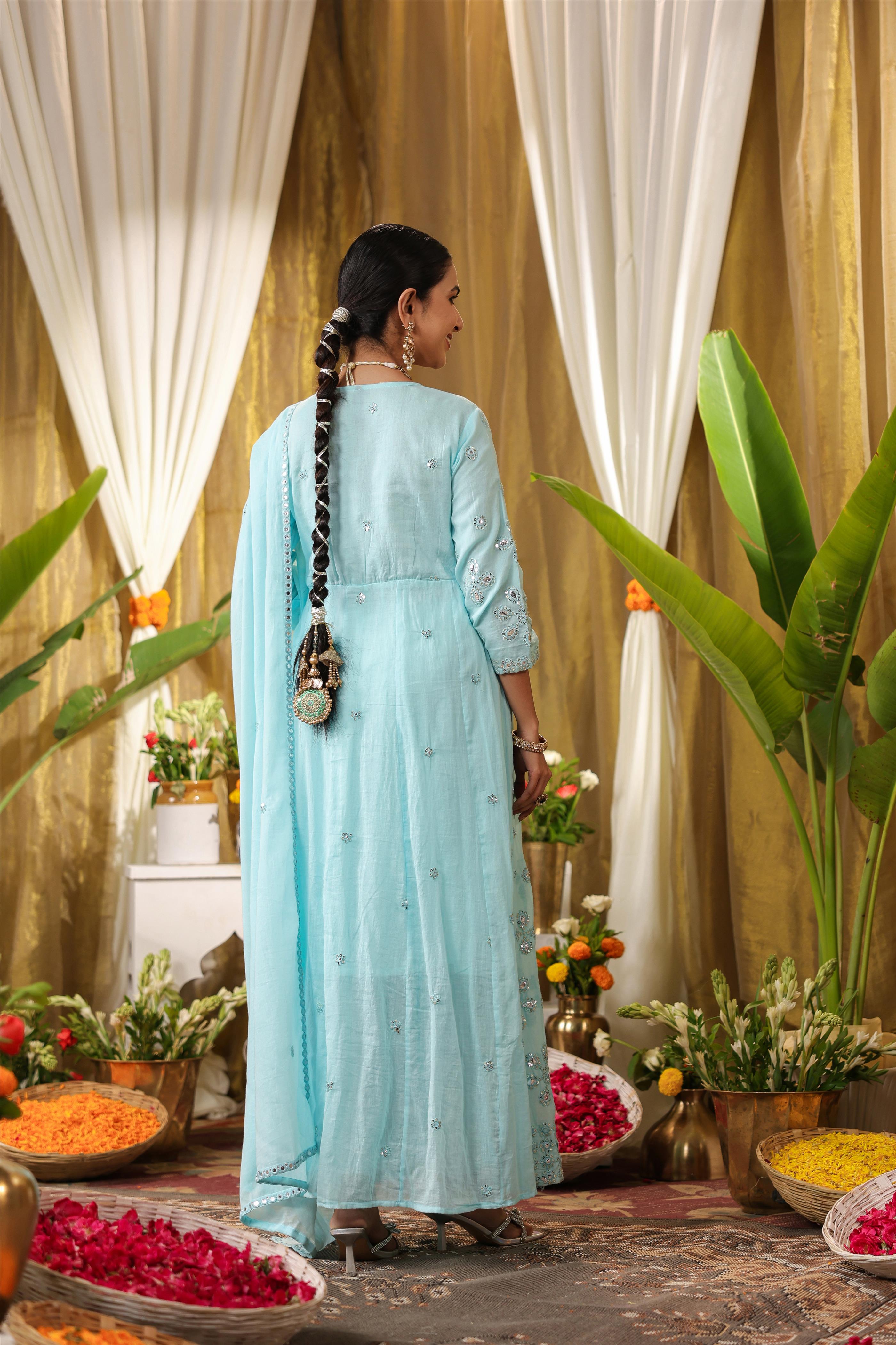 Aqua Mulmul Mirror & Sequin Embroidered Anarkali Suit Set With Dupatta