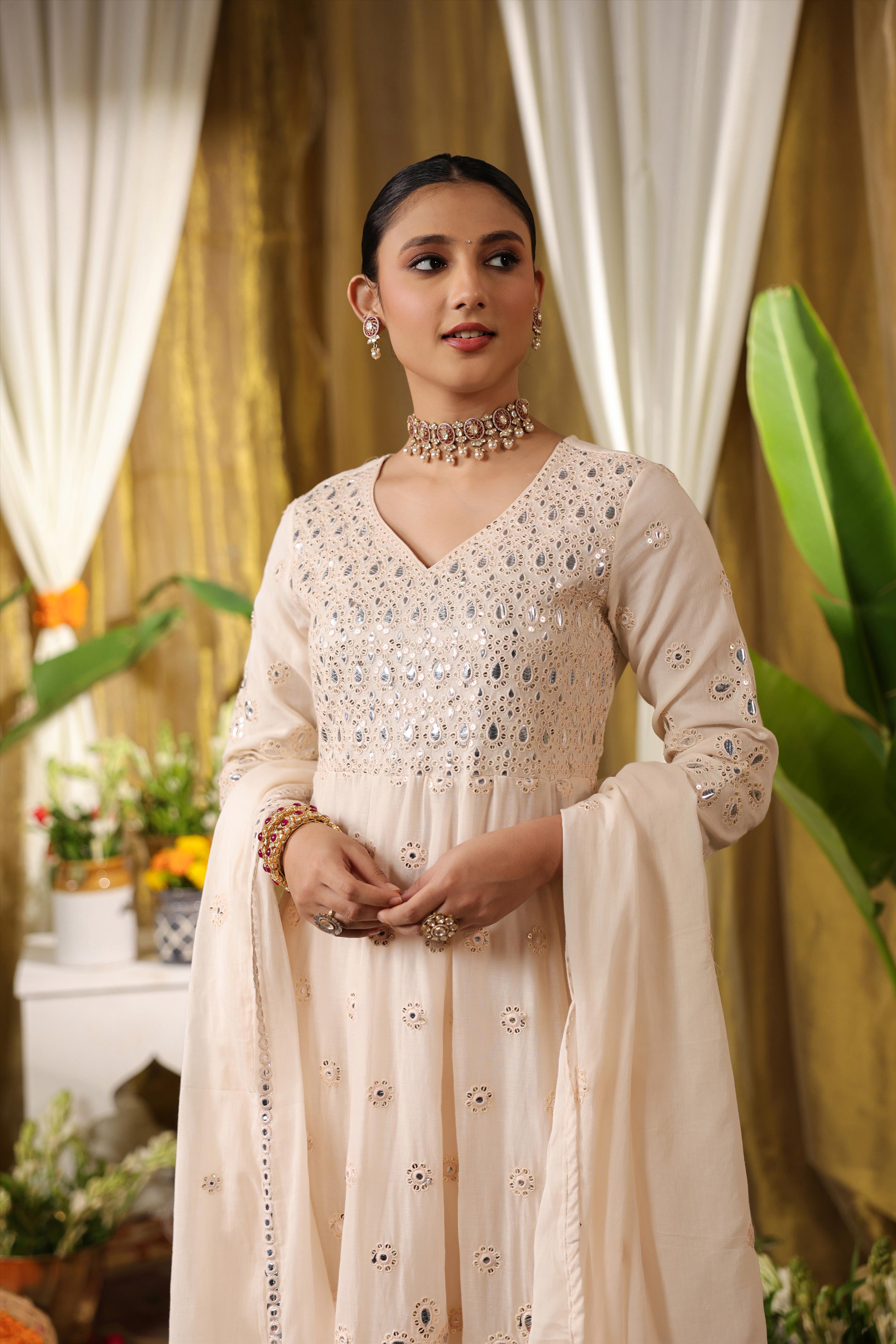 Ivory Mulmul Mirror & Sequin Embroidered Anarkali Suit Set With Dupatta