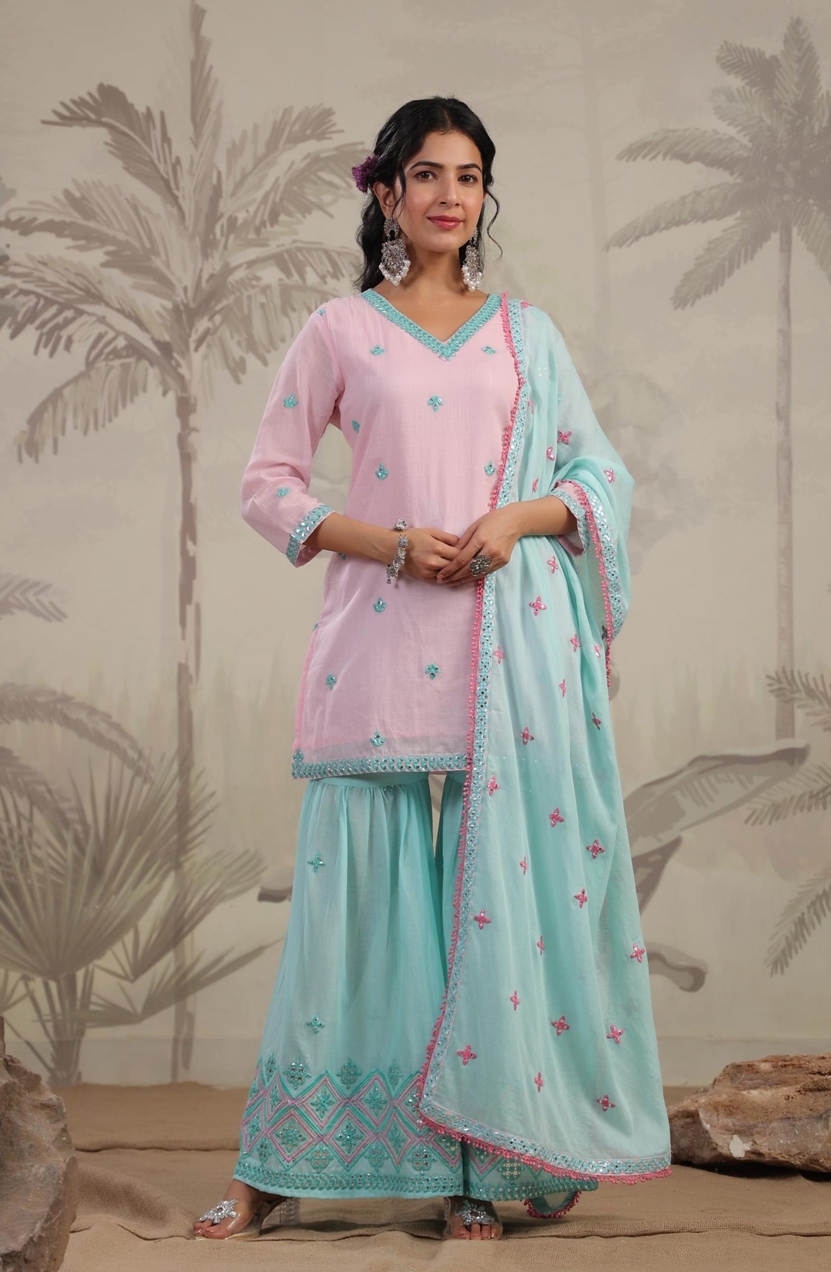 Pink & Turquoise Mirror Embroidered Kurta Sharara Dupatta Set