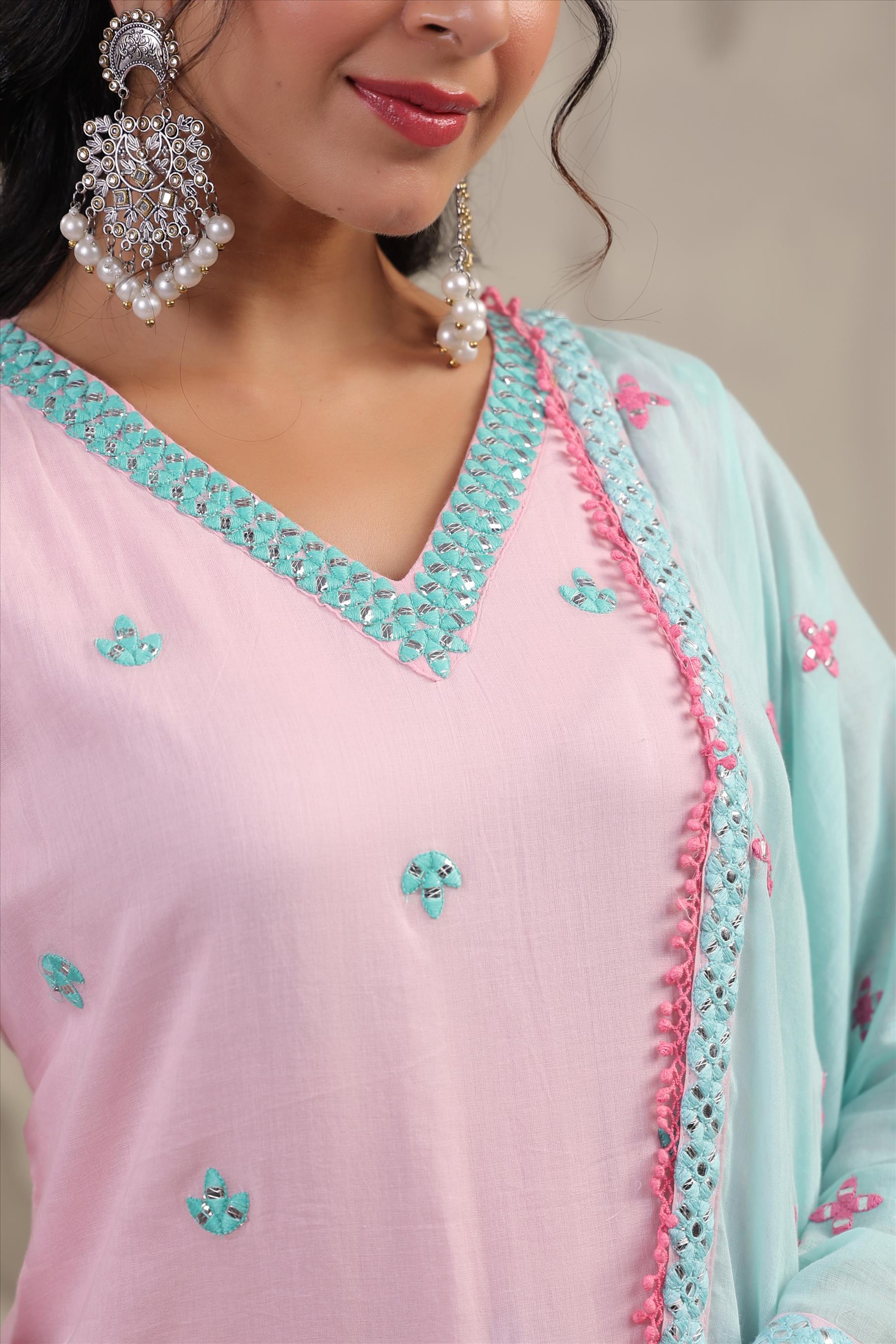 Pink & Turquoise Mirror Embroidered Kurta Sharara Dupatta Set