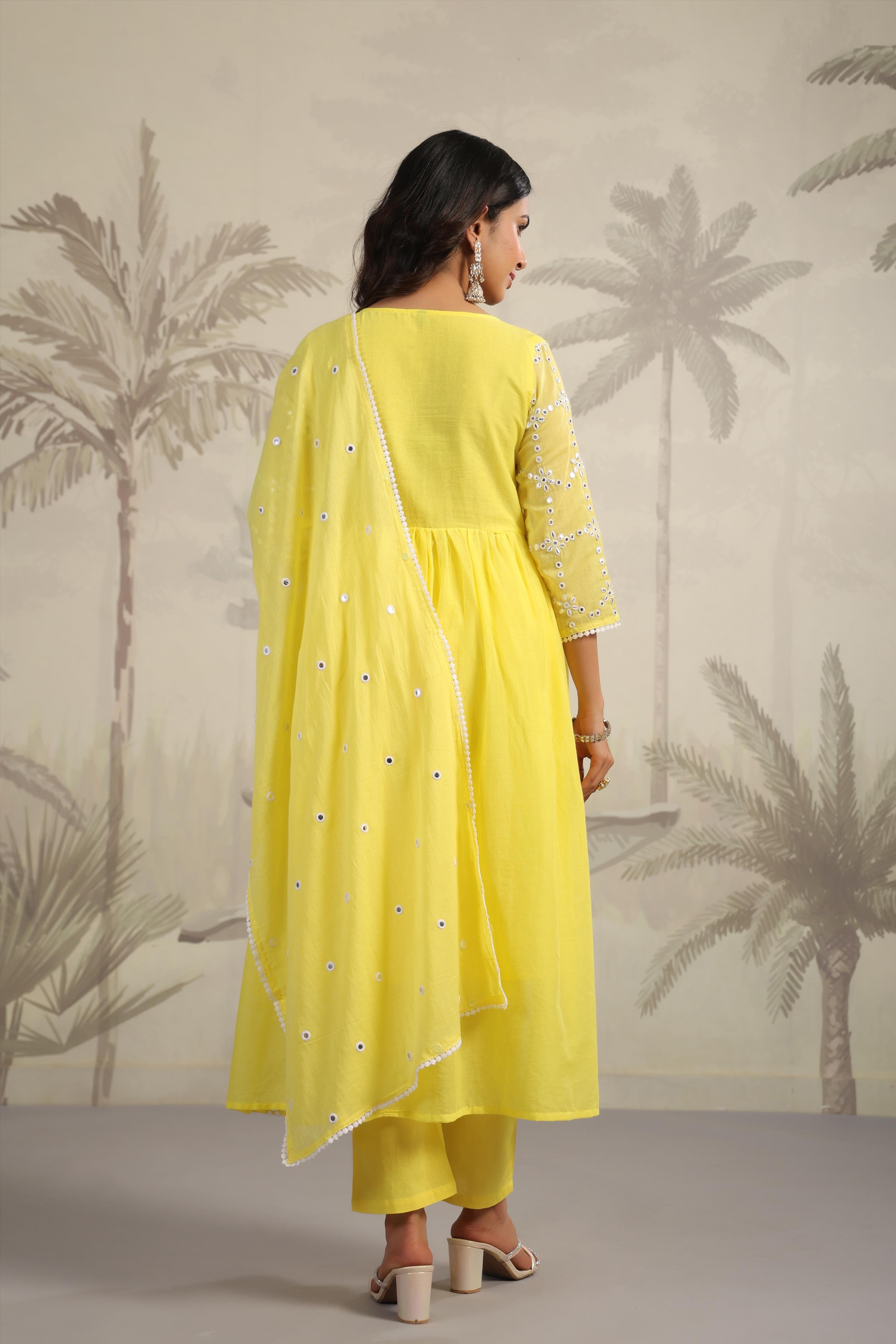 Lemon Mulmul Mirror Embroidered Angrakha Kurta Pant & Dupatta Set