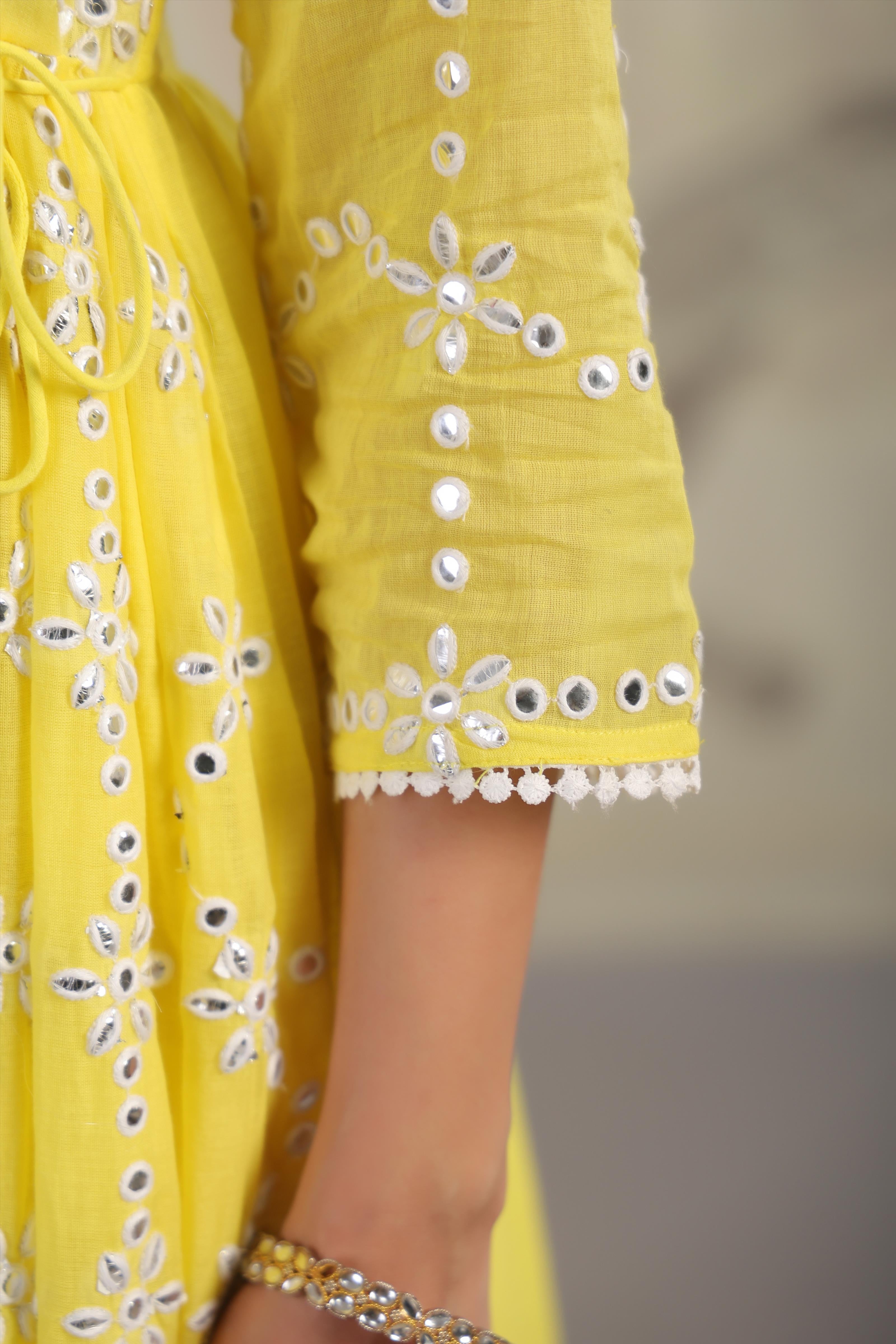 Lemon Mulmul Mirror Embroidered Angrakha Kurta Pant & Dupatta Set