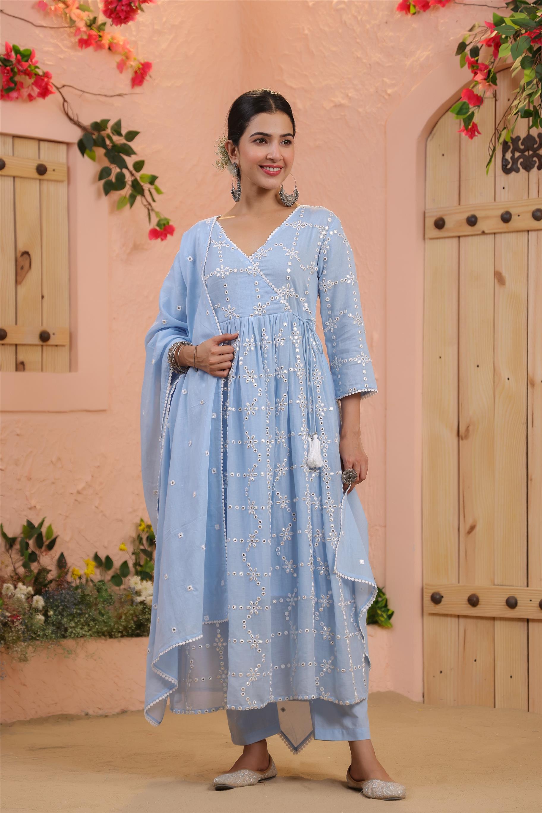 Powder Blue Mulmul Mirror Embroidered Gathered Angrakha Kurta - Pants & Dupatta Set