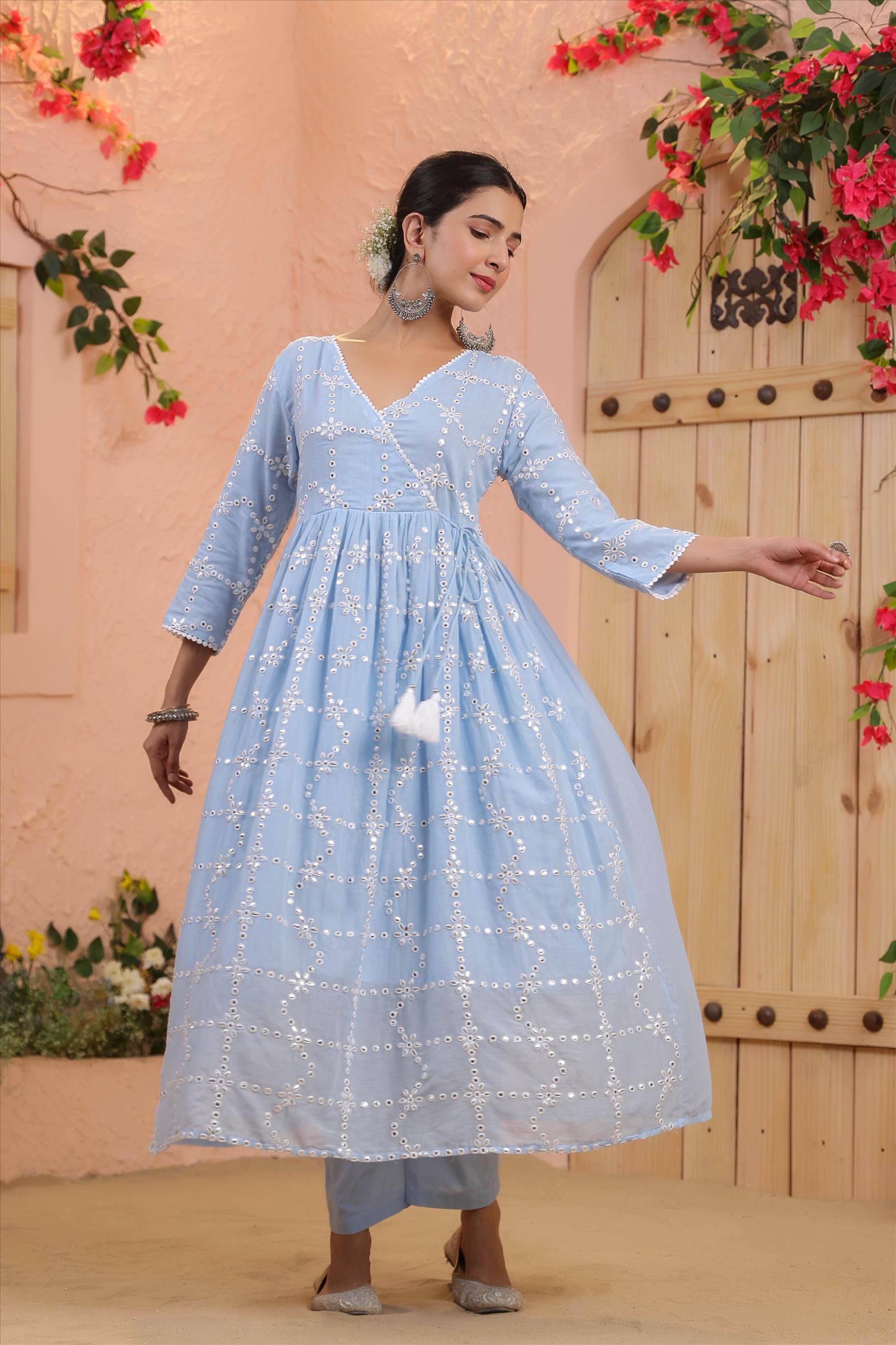 Powder Blue Mulmul Mirror Embroidered Gathered Angrakha Kurta - Pants & Dupatta Set