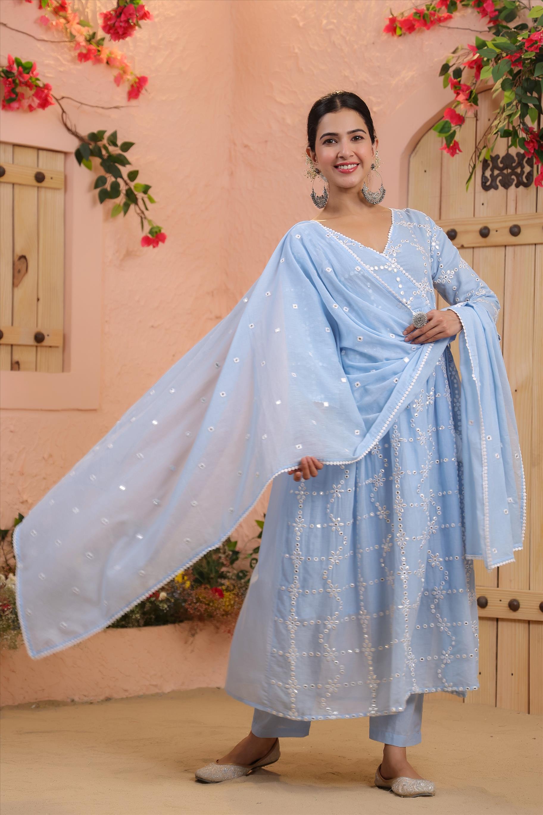 Powder Blue Mulmul Mirror Embroidered Gathered Angrakha Kurta - Pants & Dupatta Set