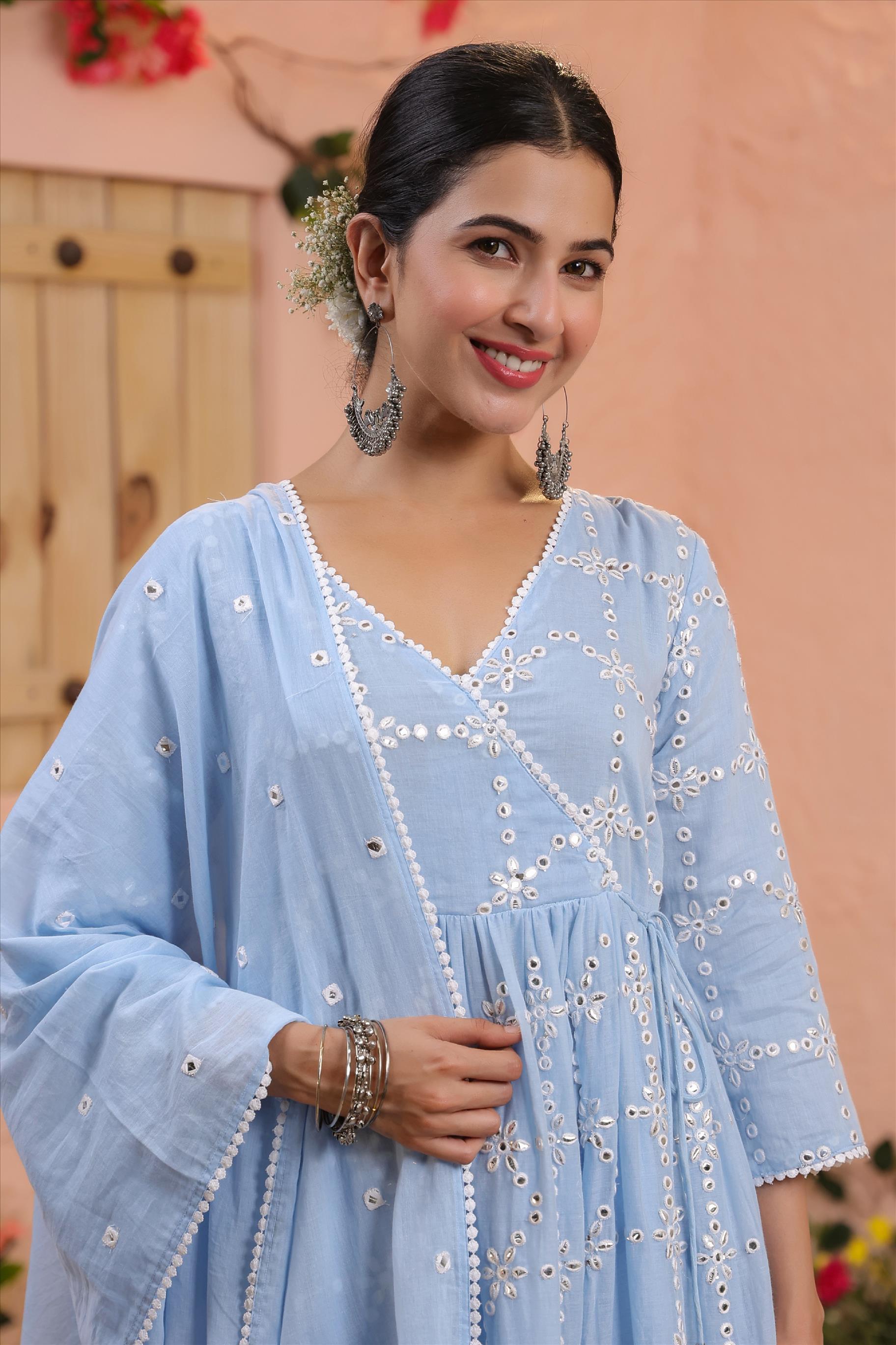 Powder Blue Mulmul Mirror Embroidered Gathered Angrakha Kurta - Pants & Dupatta Set