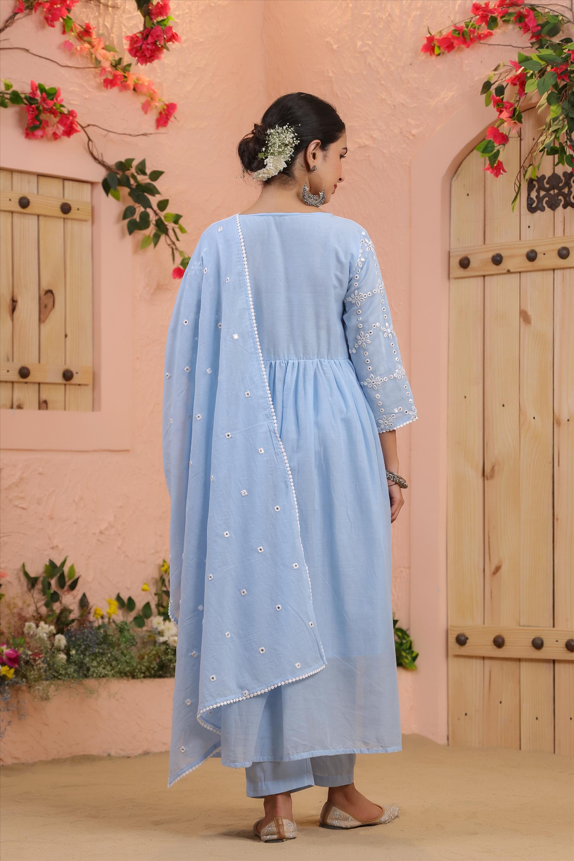 Powder Blue Mulmul Mirror Embroidered Gathered Angrakha Kurta - Pants & Dupatta Set