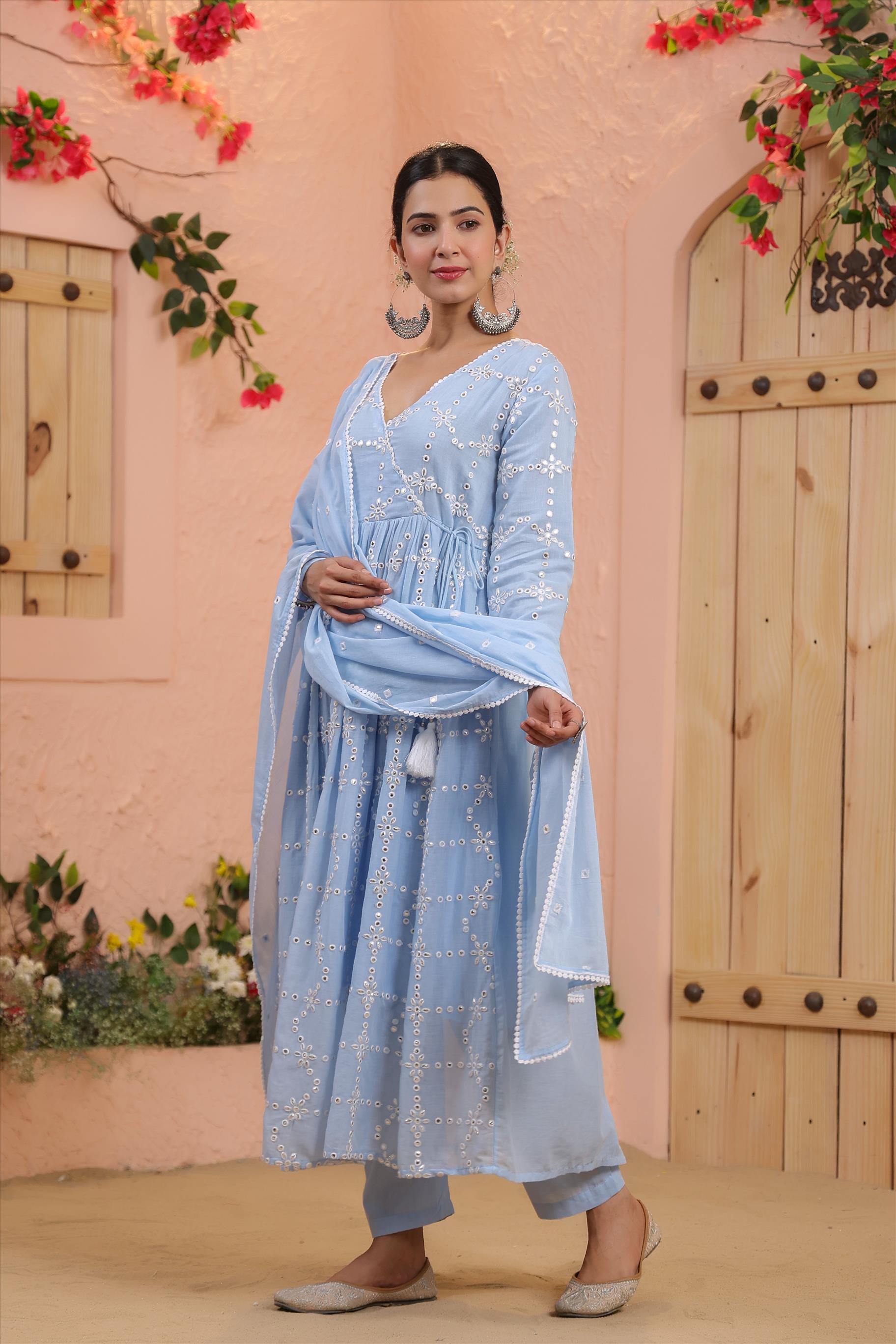 Powder Blue Mulmul Mirror Embroidered Gathered Angrakha Kurta - Pants & Dupatta Set