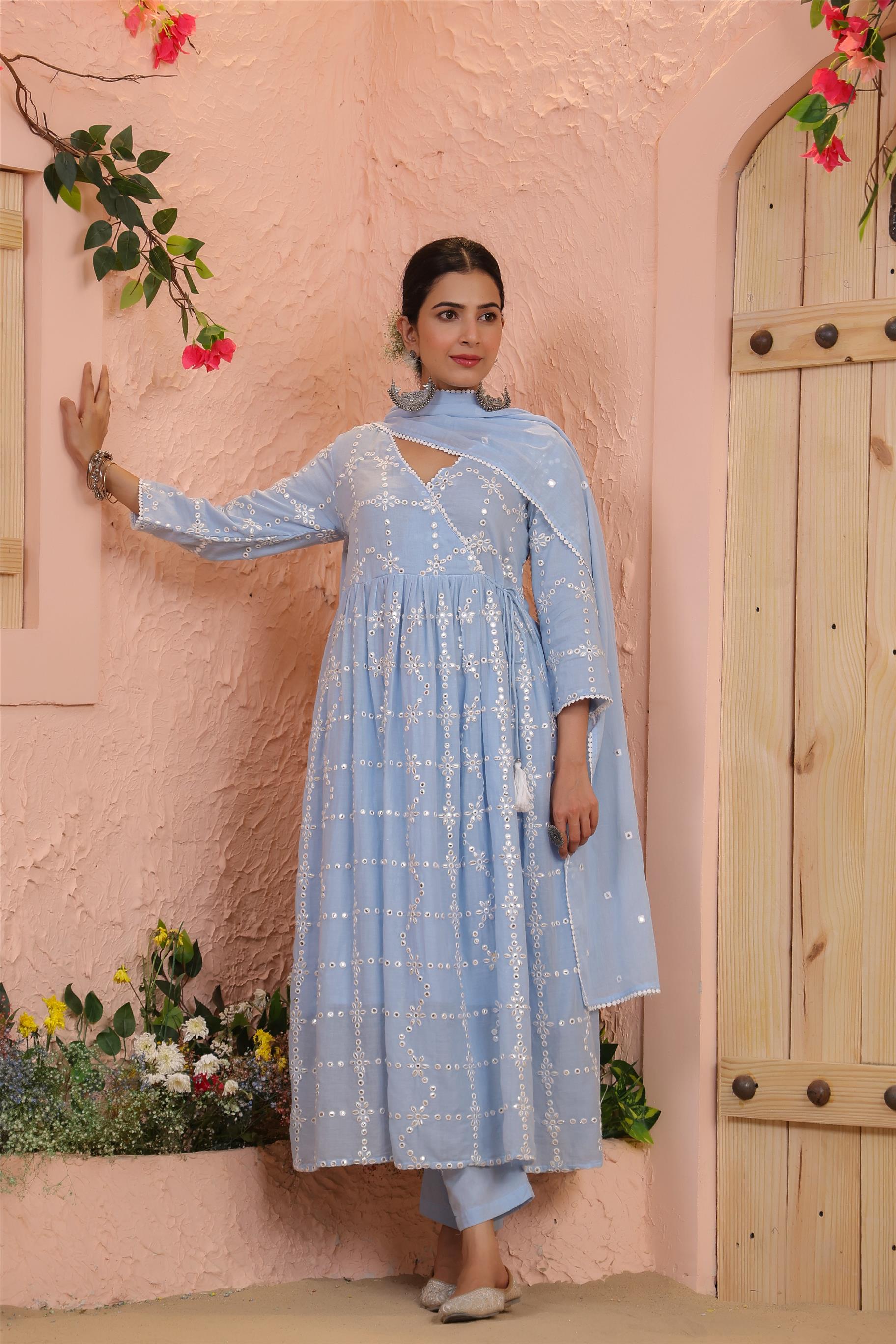 Powder Blue Mulmul Mirror Embroidered Gathered Angrakha Kurta - Pants & Dupatta Set