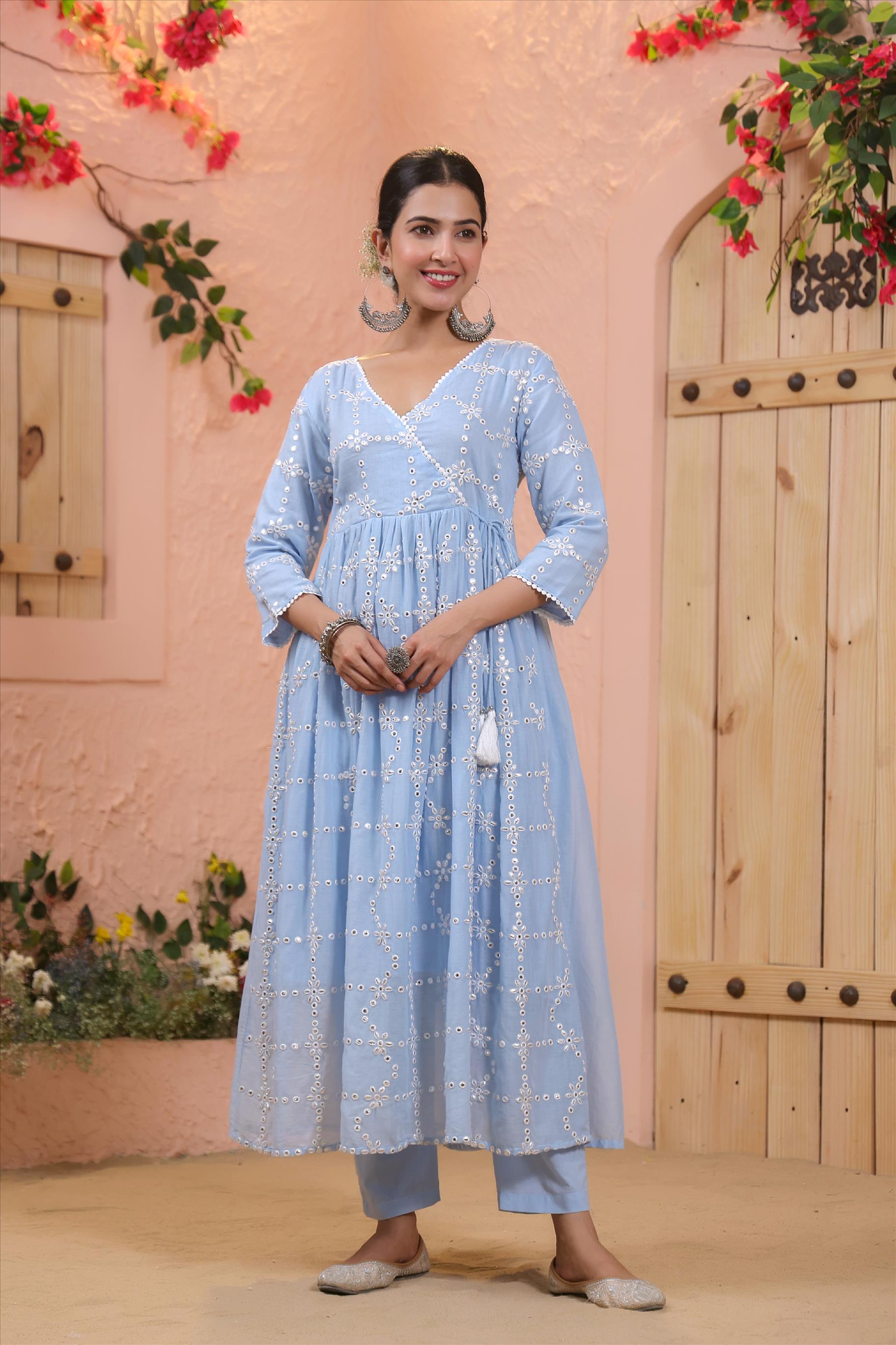 Powder Blue Mulmul Mirror Embroidered Gathered Angrakha Kurta - Pants & Dupatta Set