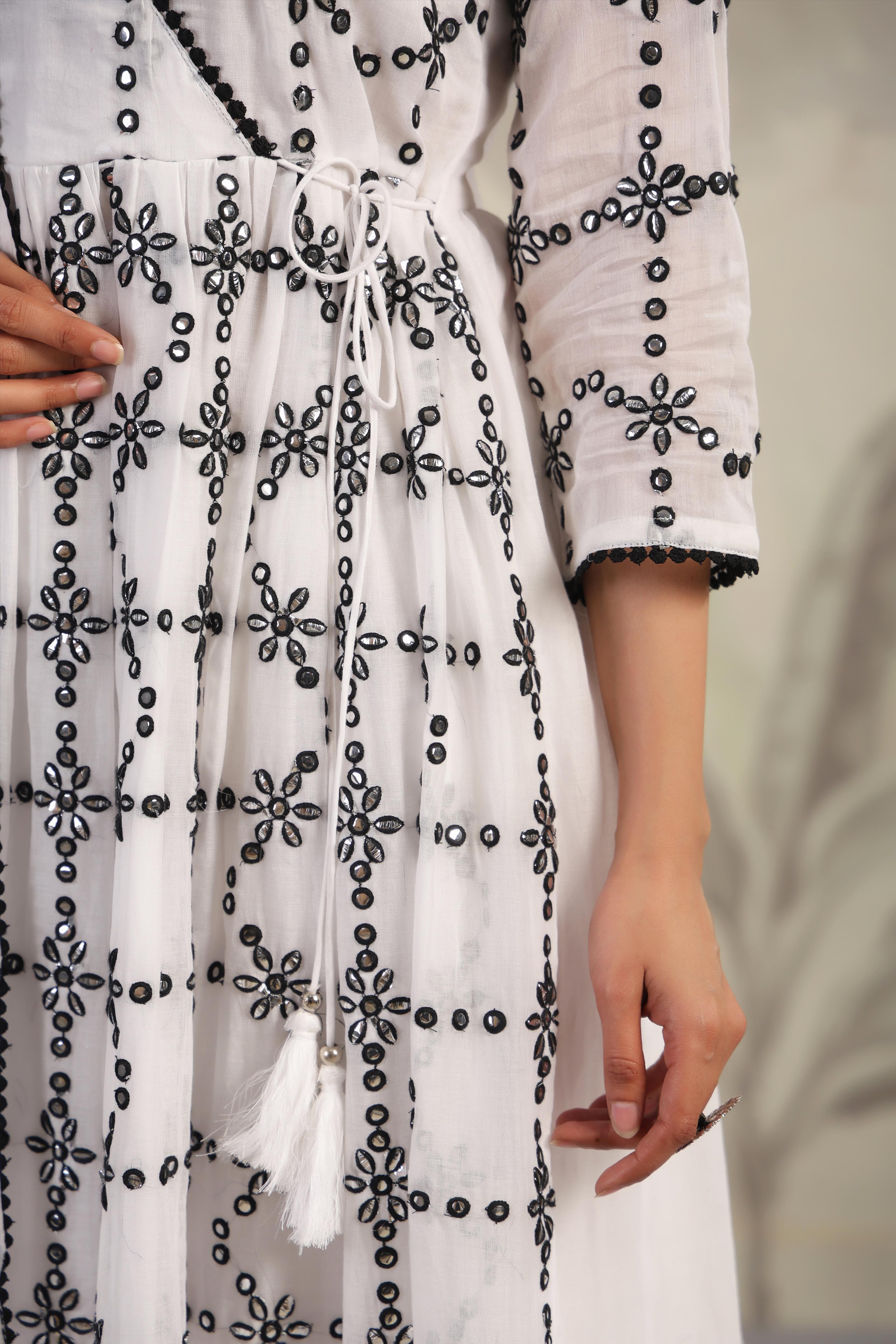 White-Black Mulmul Mirror Embroidered Gathered Angrakha Kurta - Pants & Dupatta Set