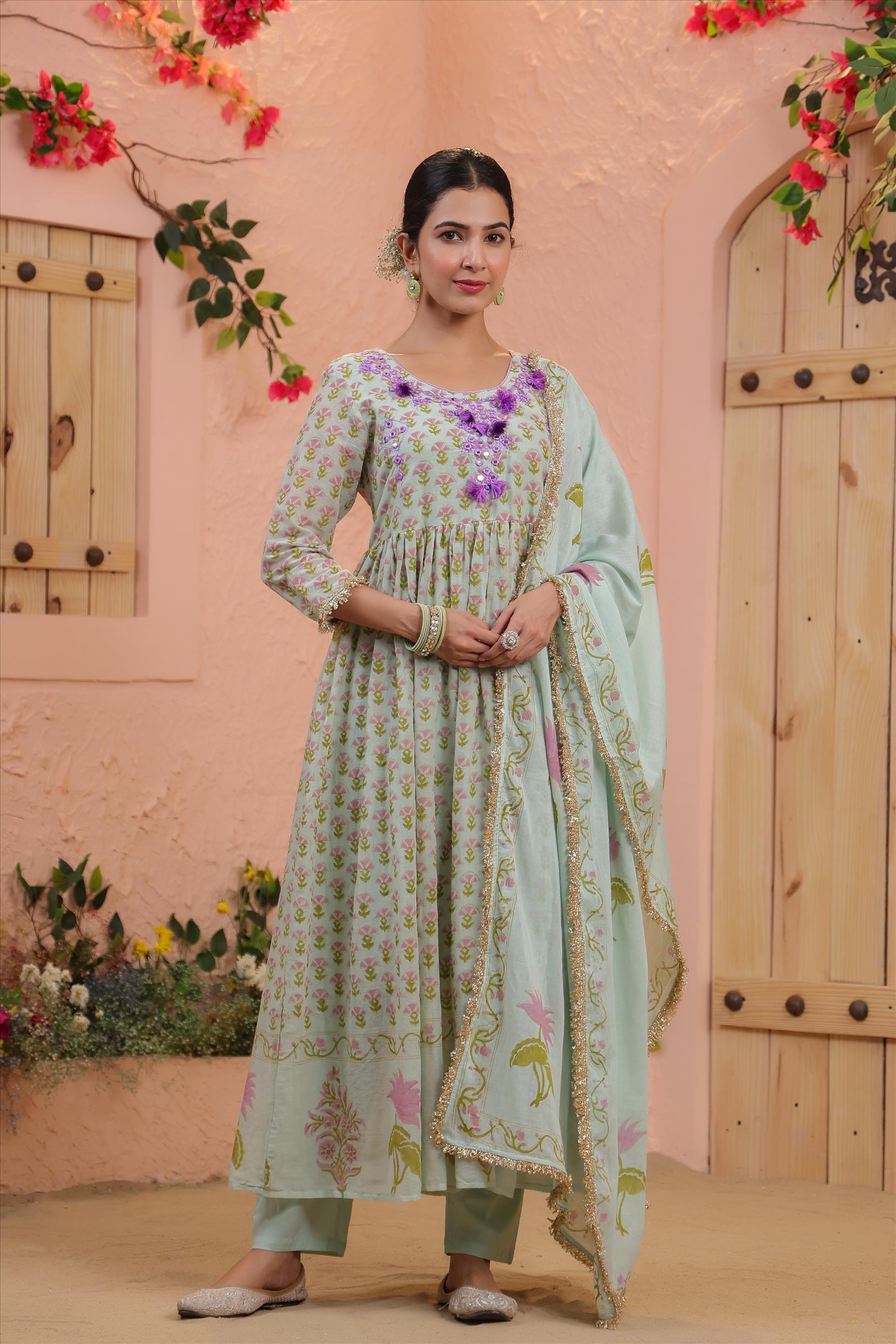 Mint Mulmul Block Printed & Embroidered Anarkali Suit Set