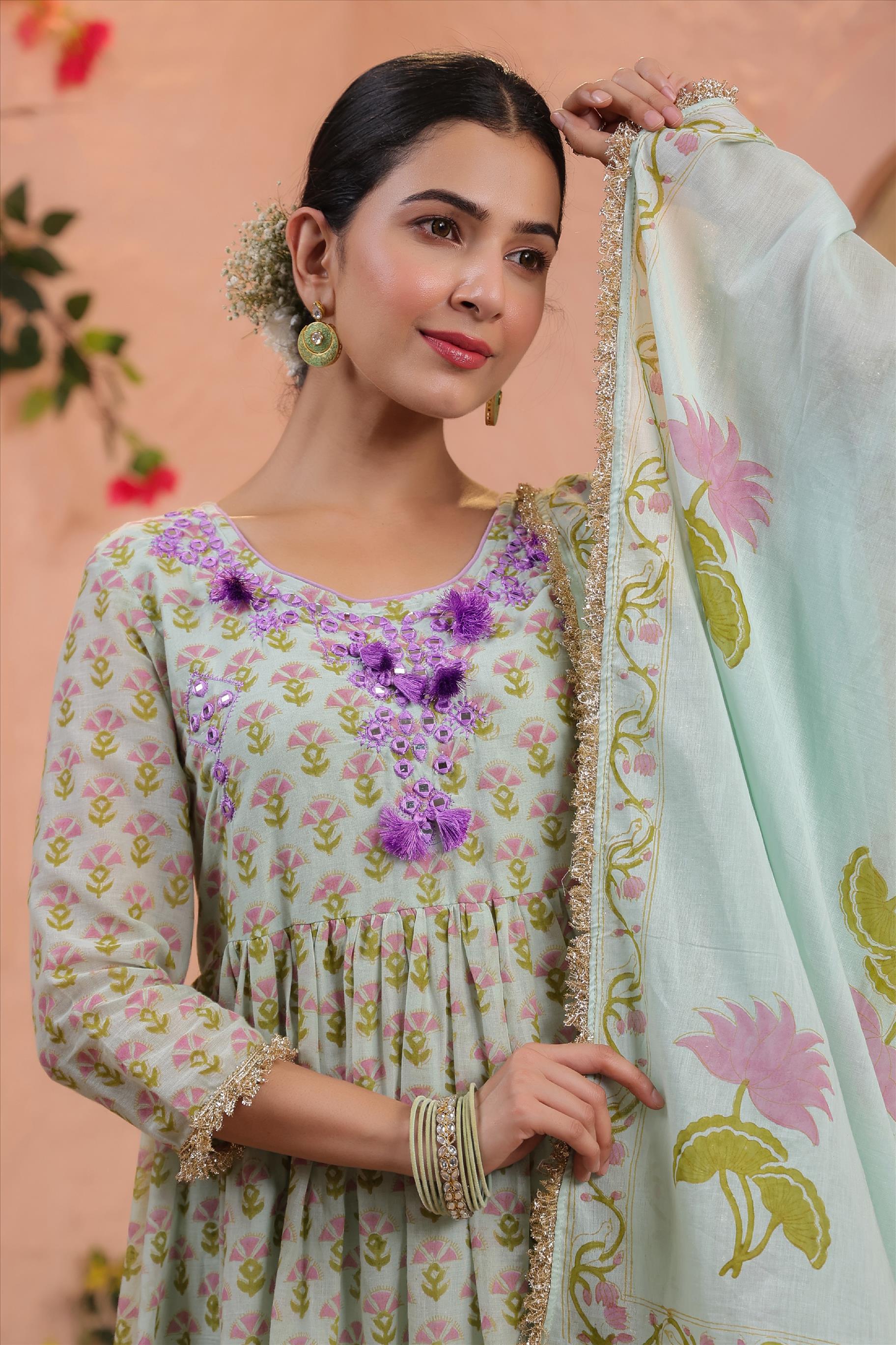 Mint Mulmul Block Printed & Embroidered Anarkali Suit Set