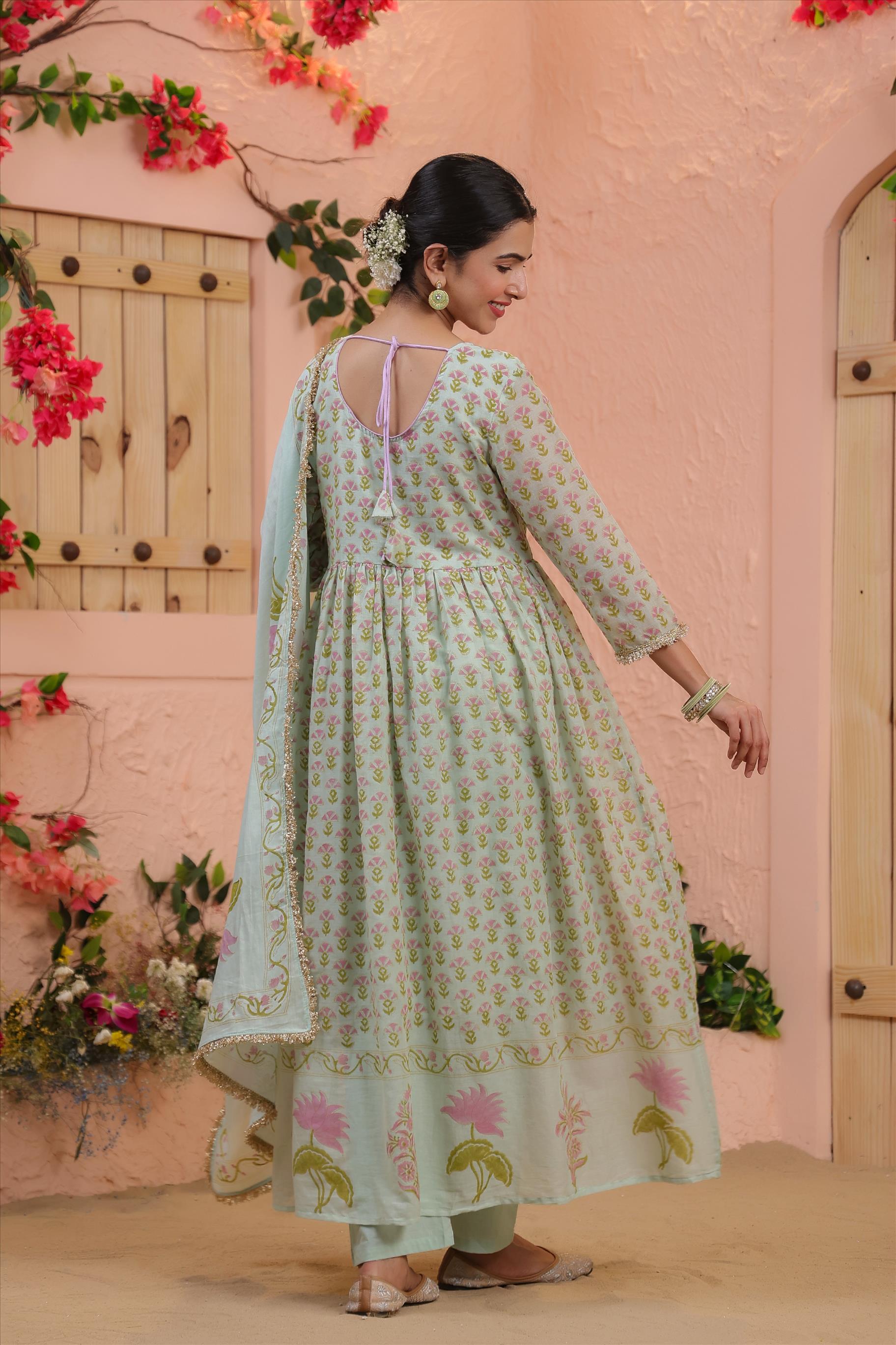 Mint Mulmul Block Printed & Embroidered Anarkali Suit Set