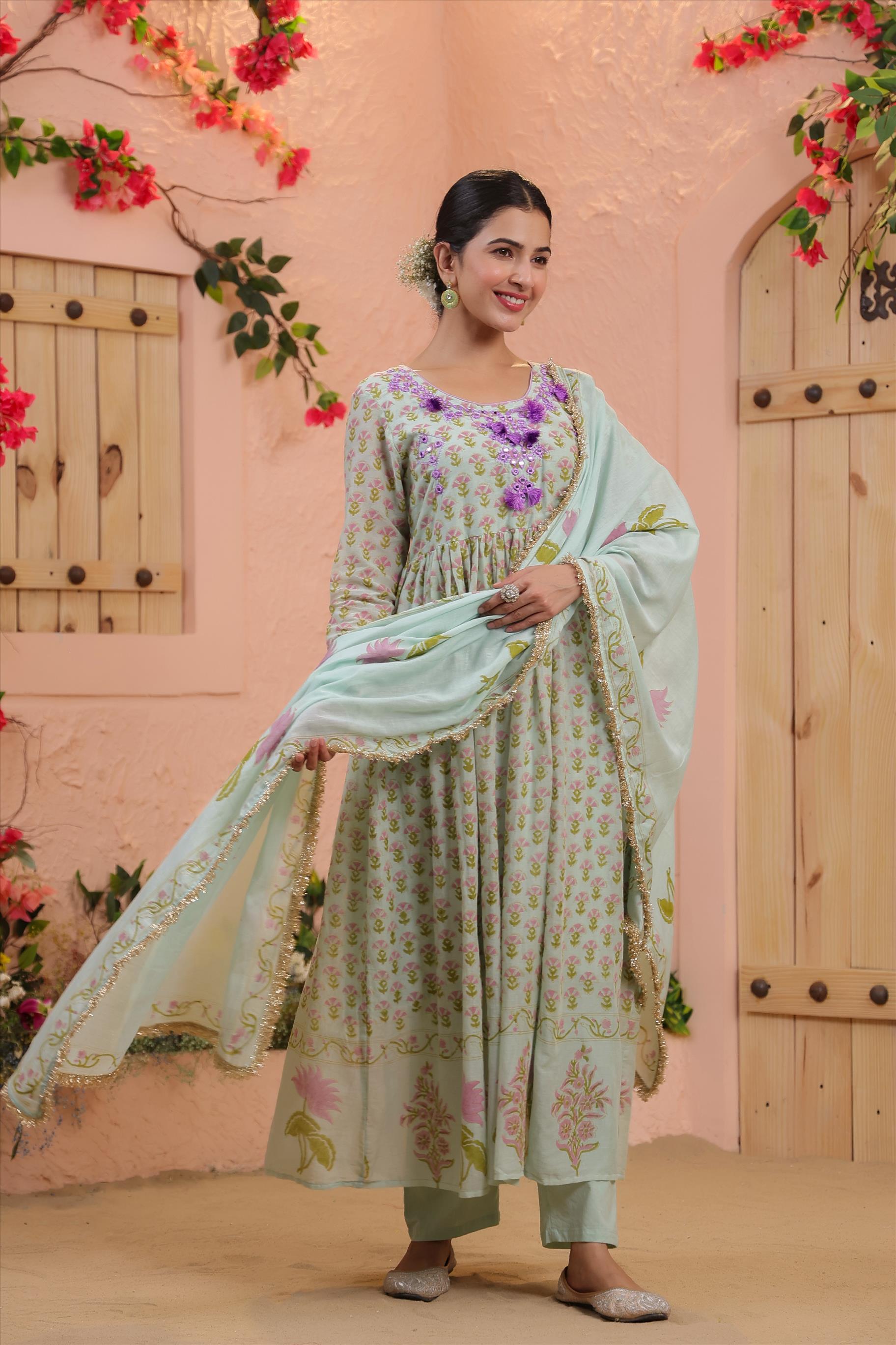 Mint Mulmul Block Printed & Embroidered Anarkali Suit Set