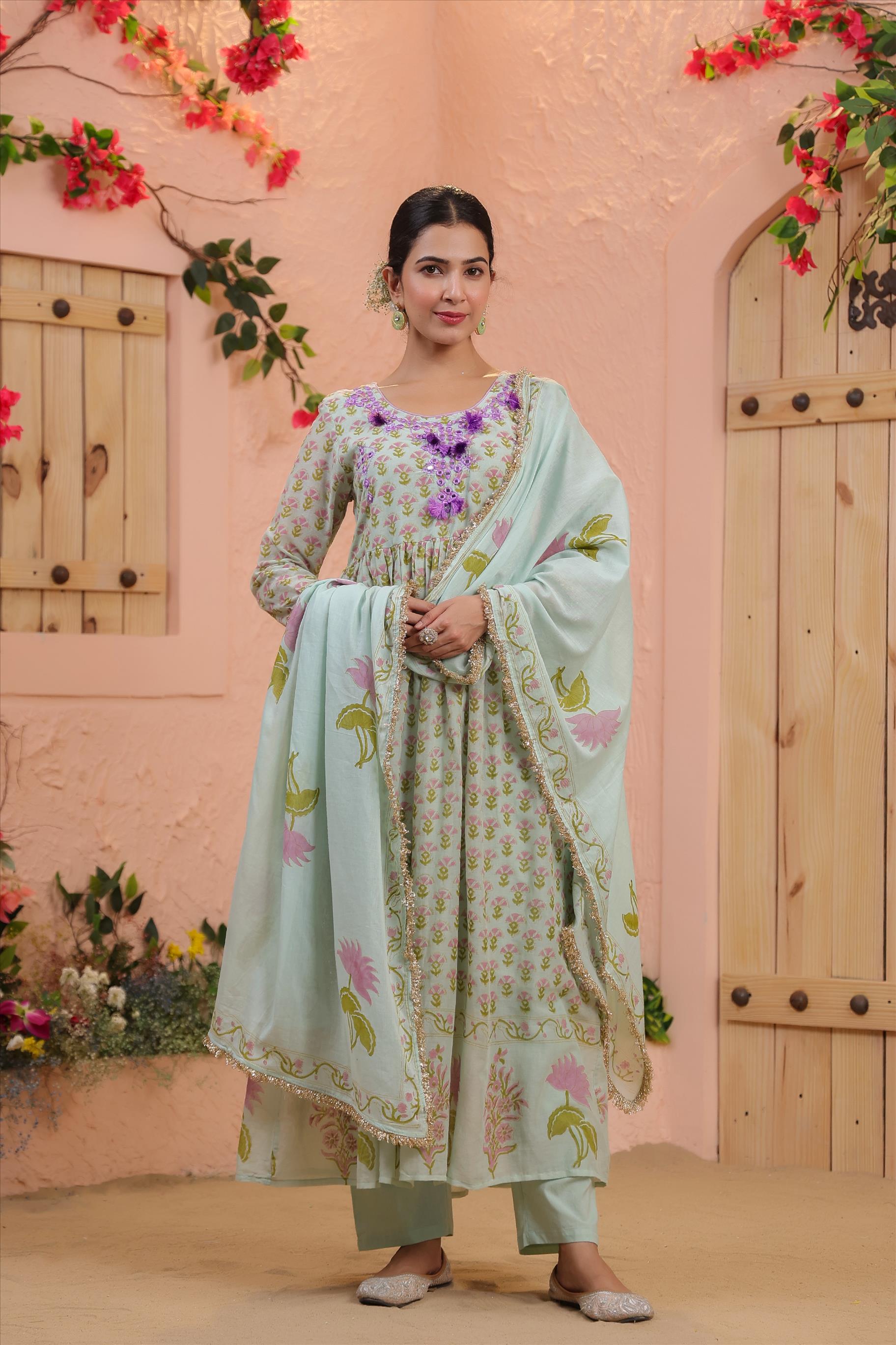 Mint Mulmul Block Printed & Embroidered Anarkali Suit Set