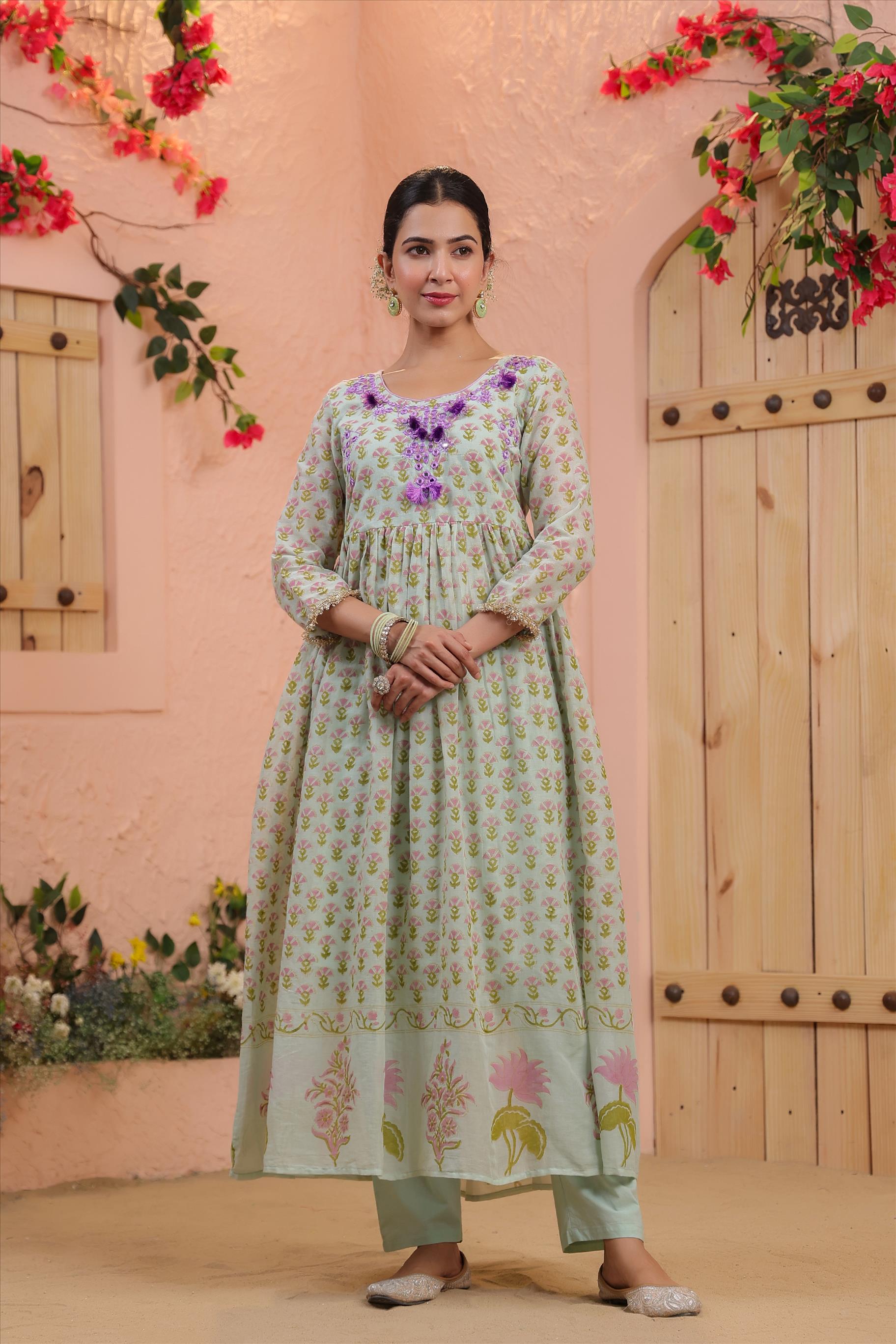 Mint Mulmul Block Printed & Embroidered Anarkali Suit Set