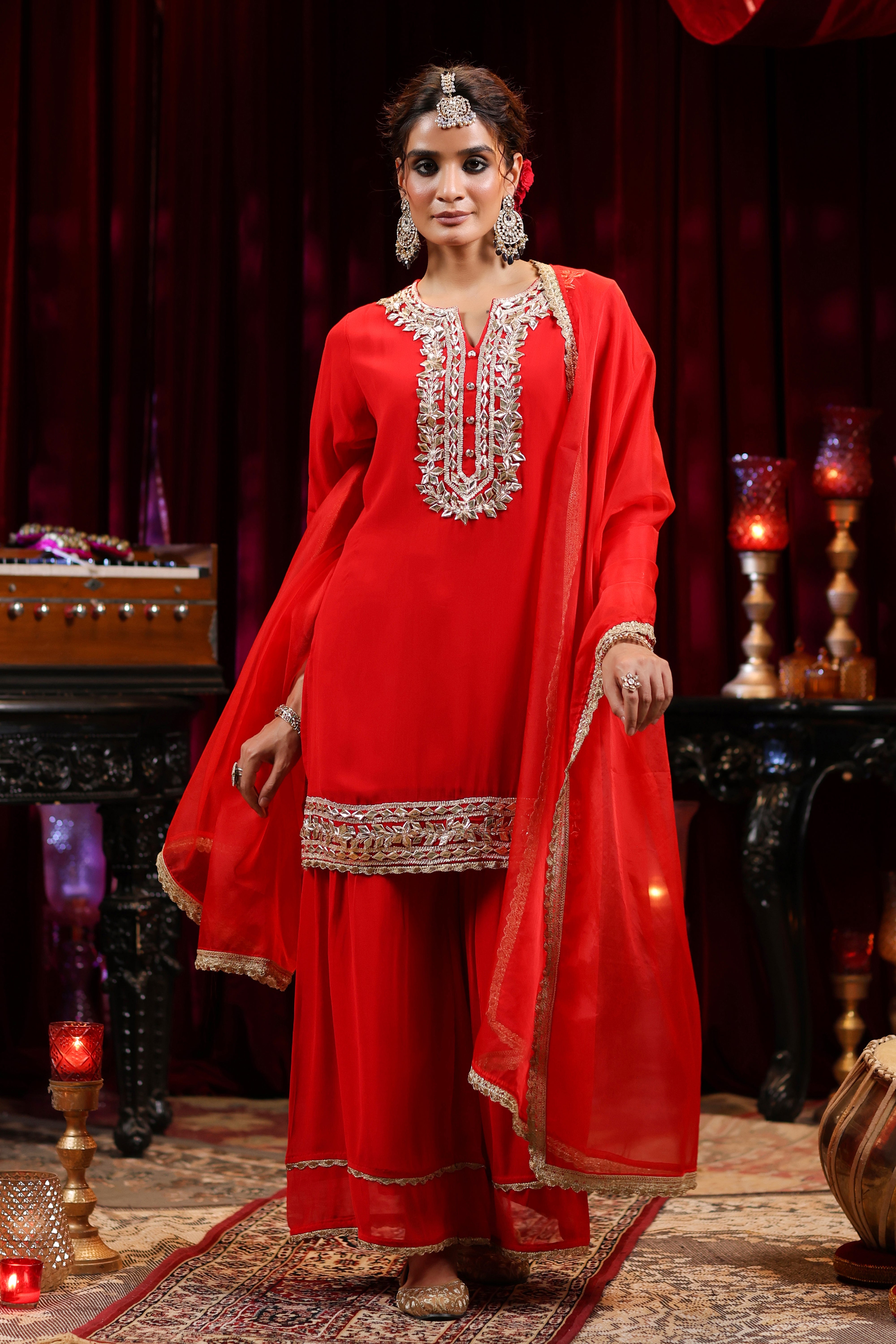 Red Georgette Gota Work Sharara Set