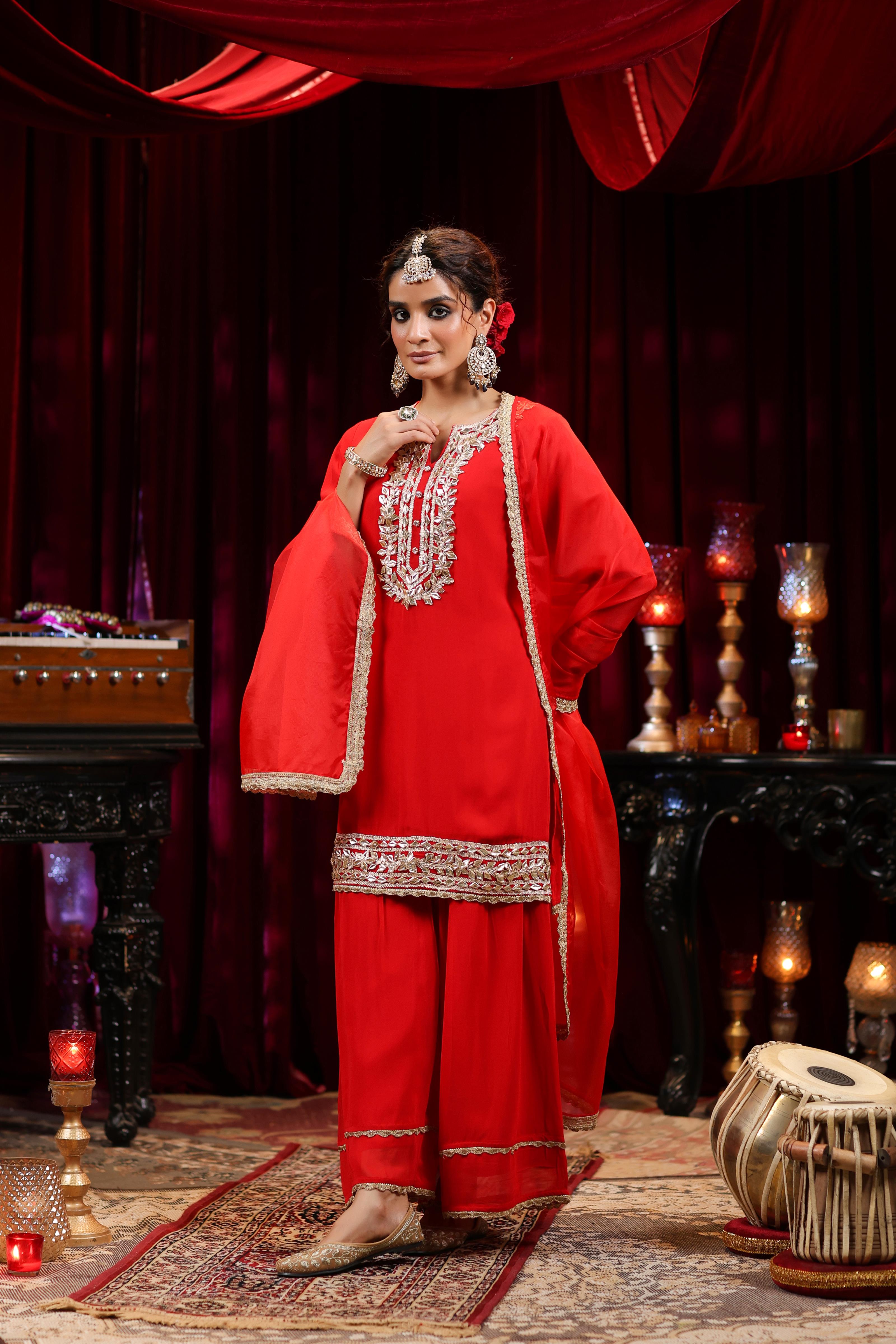 Red Georgette Gota Work Sharara Set