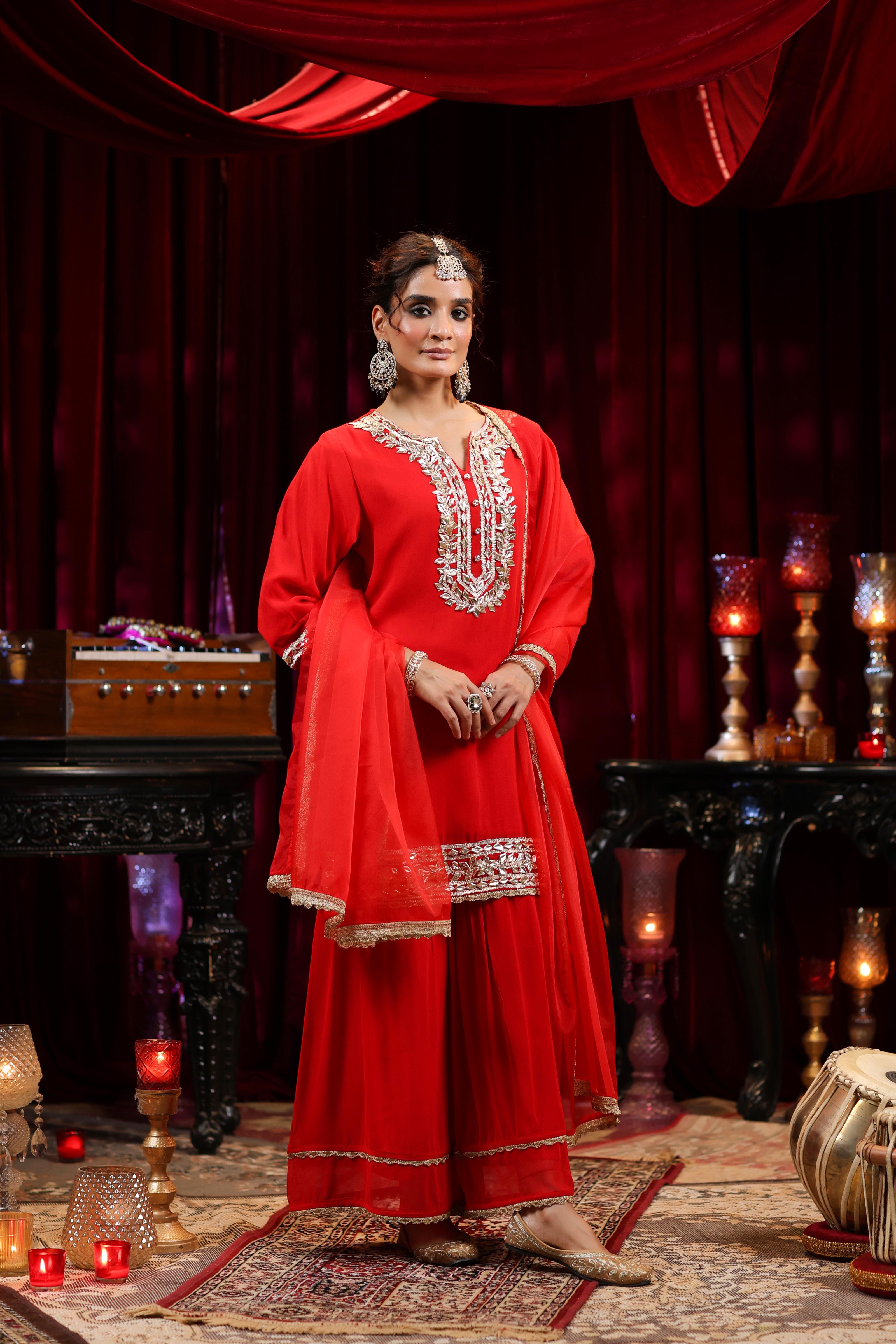 Red Georgette Gota Work Sharara Set