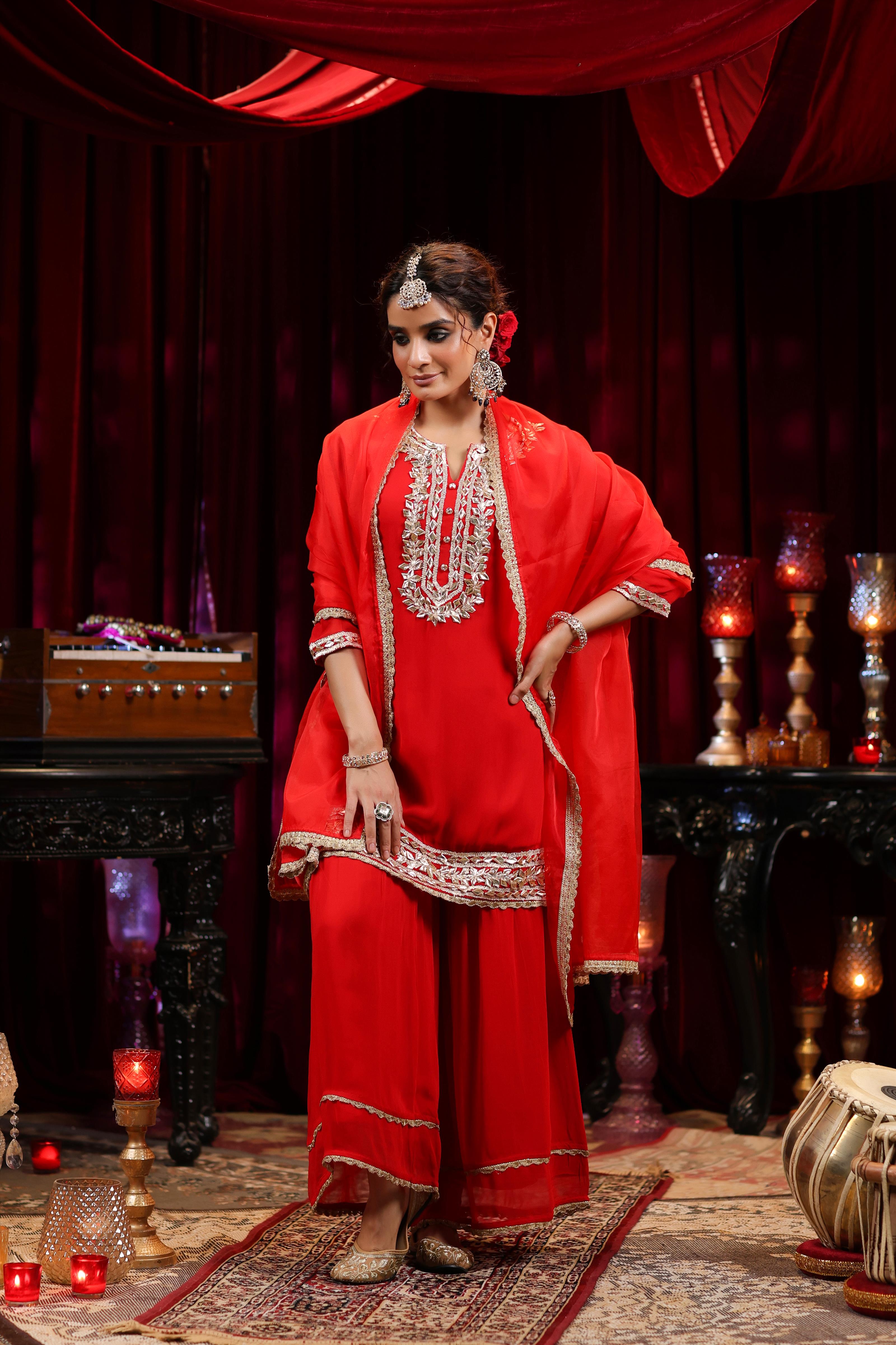 Red Georgette Gota Work Sharara Set