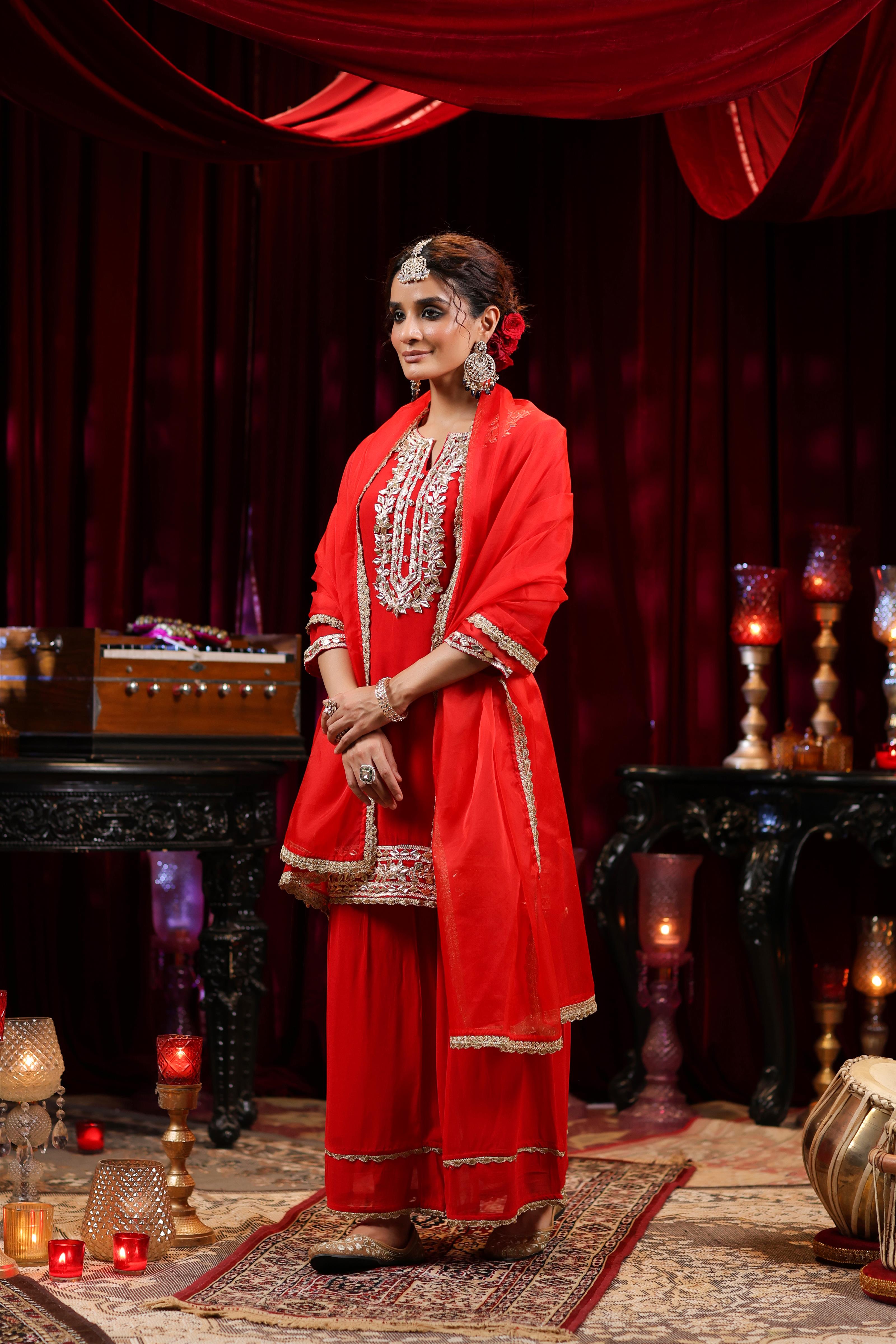 Red Georgette Gota Work Sharara Set