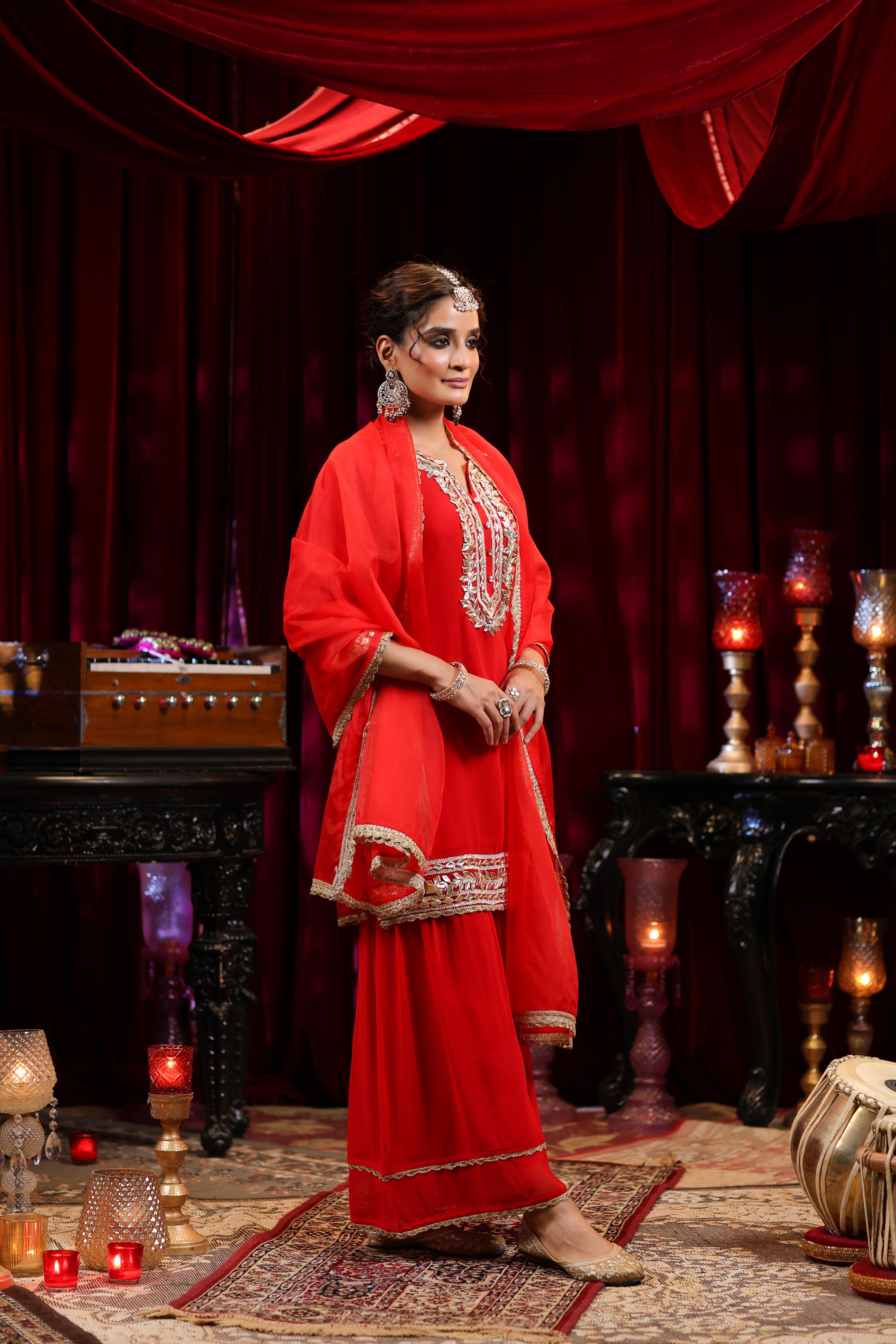 Red Georgette Gota Work Sharara Set