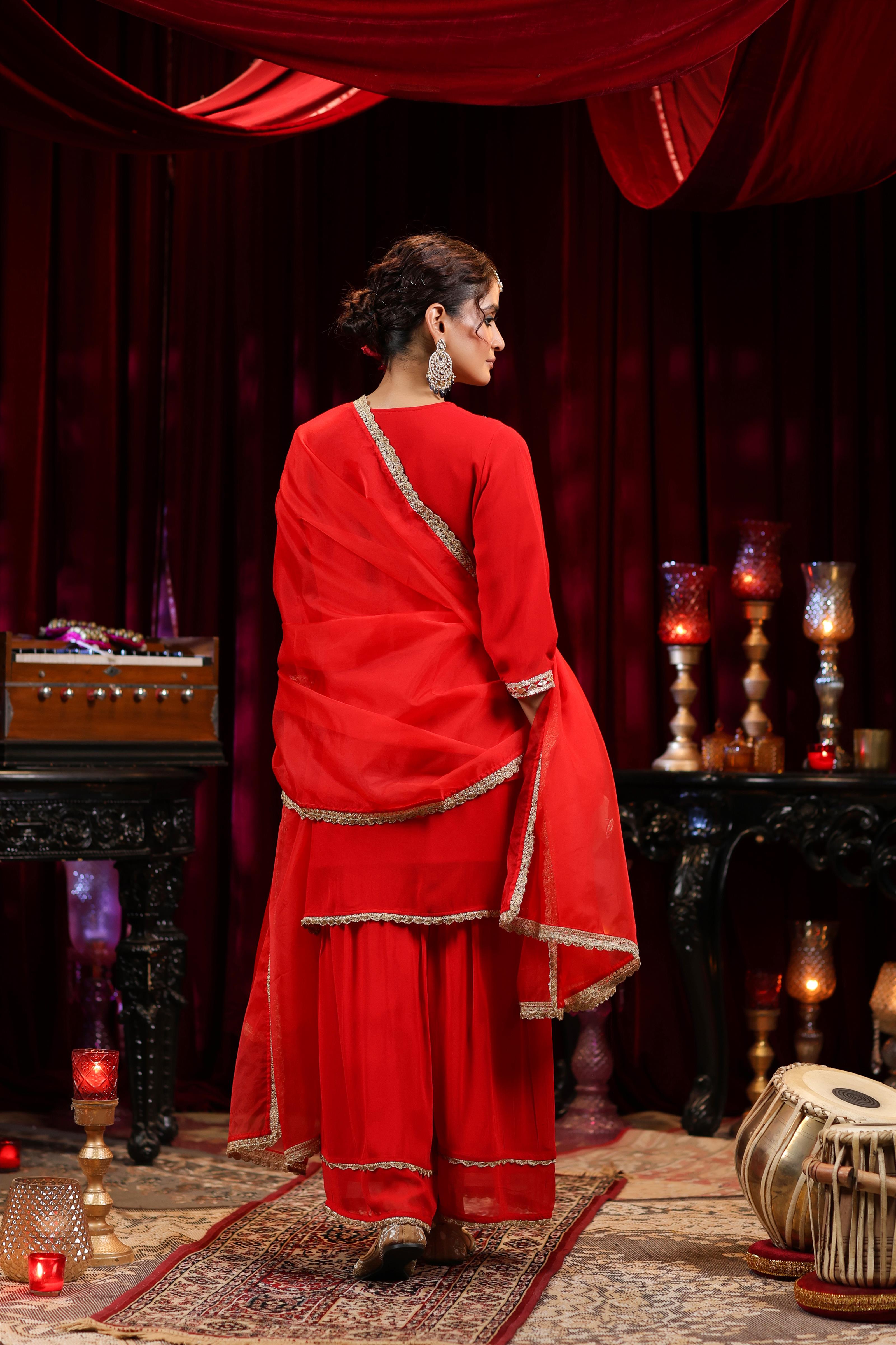 Red Georgette Gota Work Sharara Set