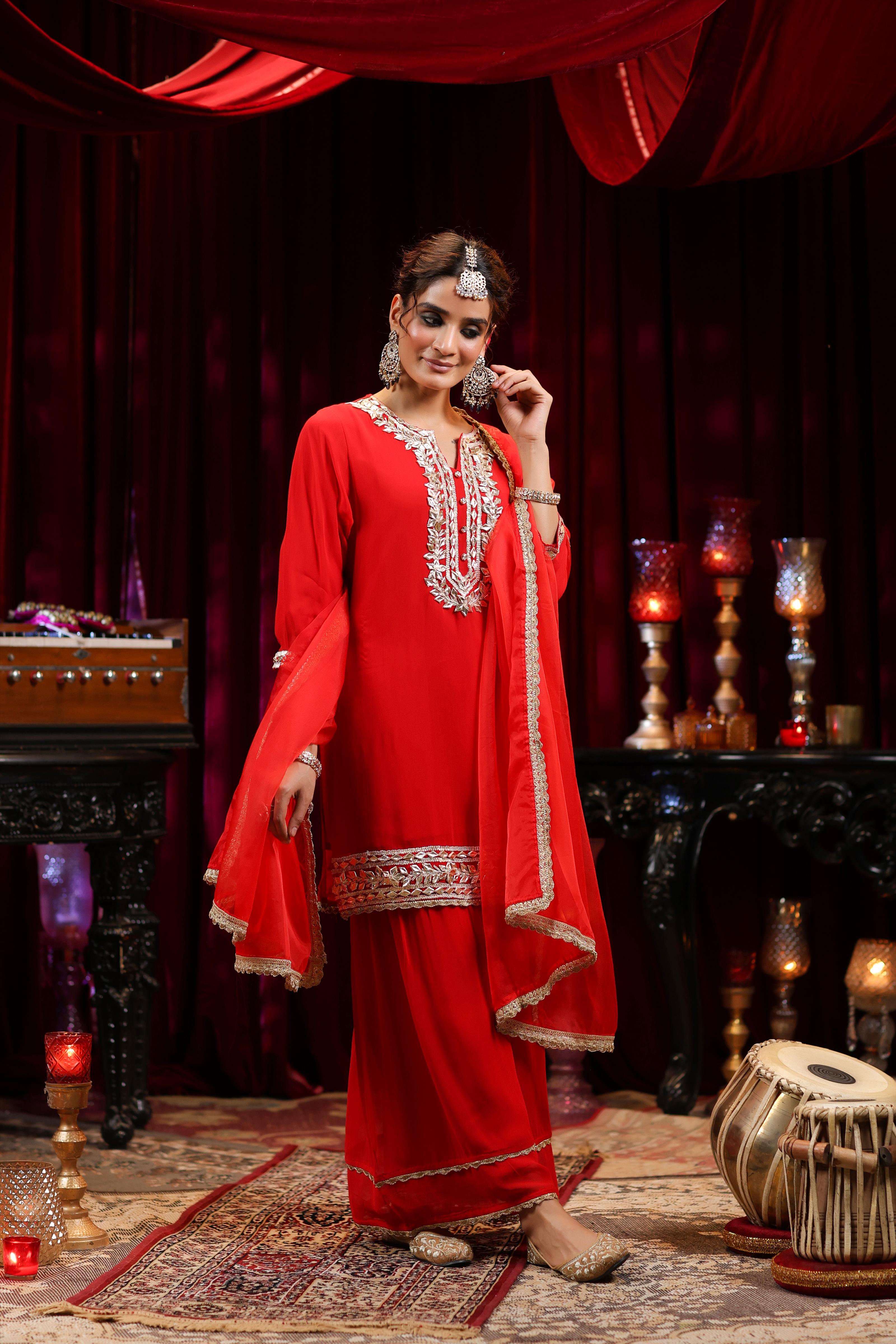 Red Georgette Gota Work Sharara Set