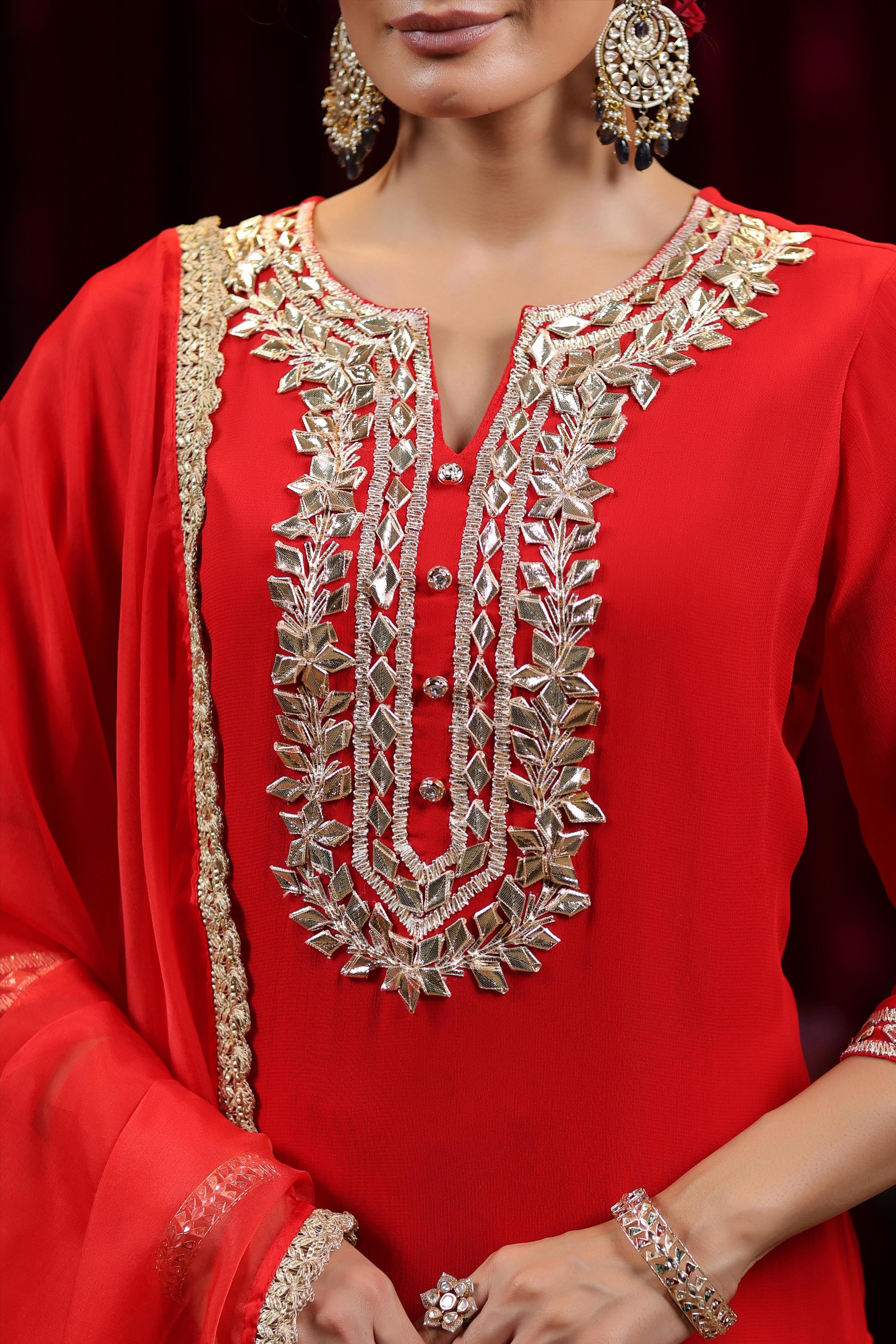 Red Georgette Gota Work Sharara Set