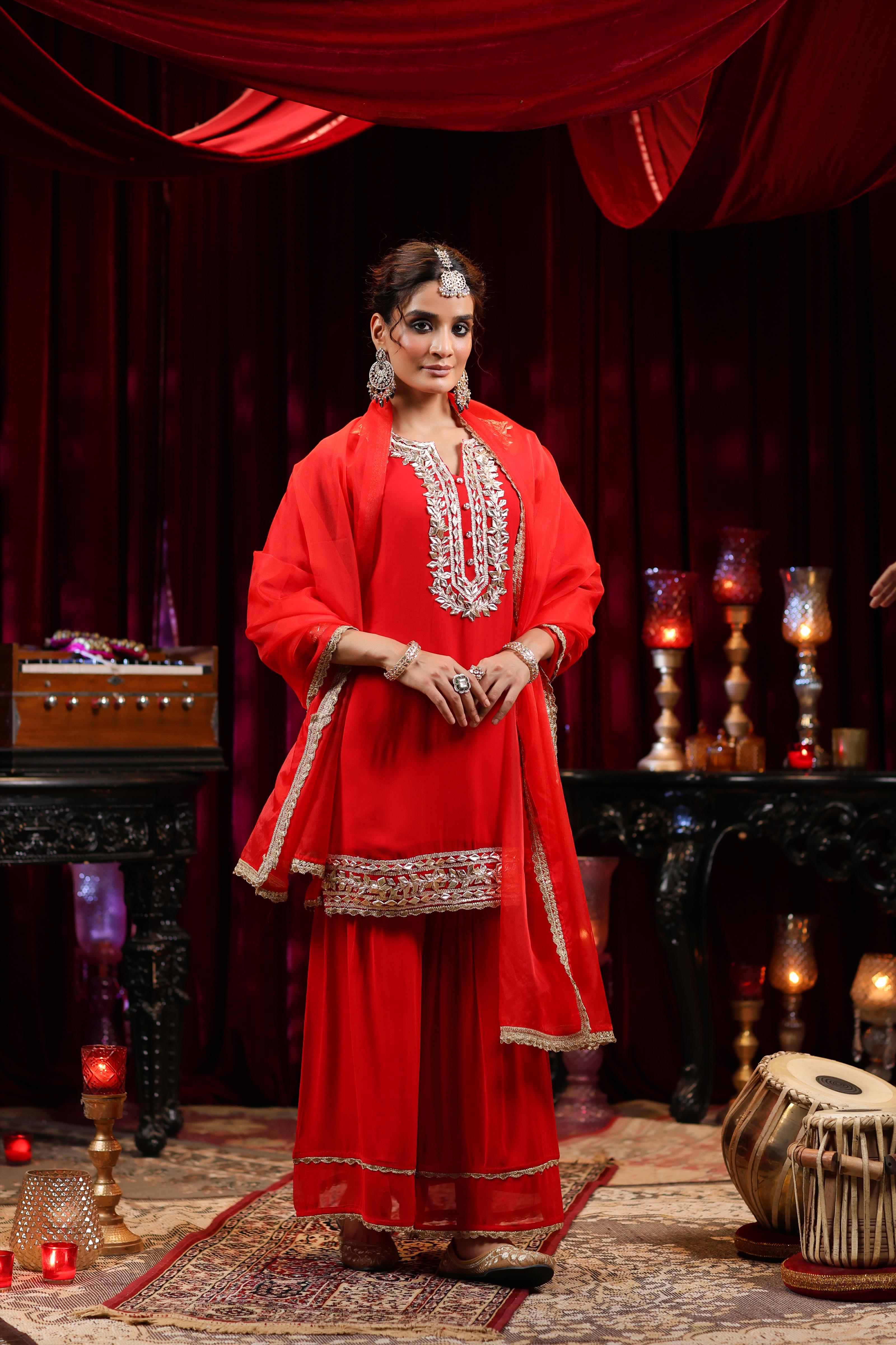 Red Georgette Gota Work Sharara Set