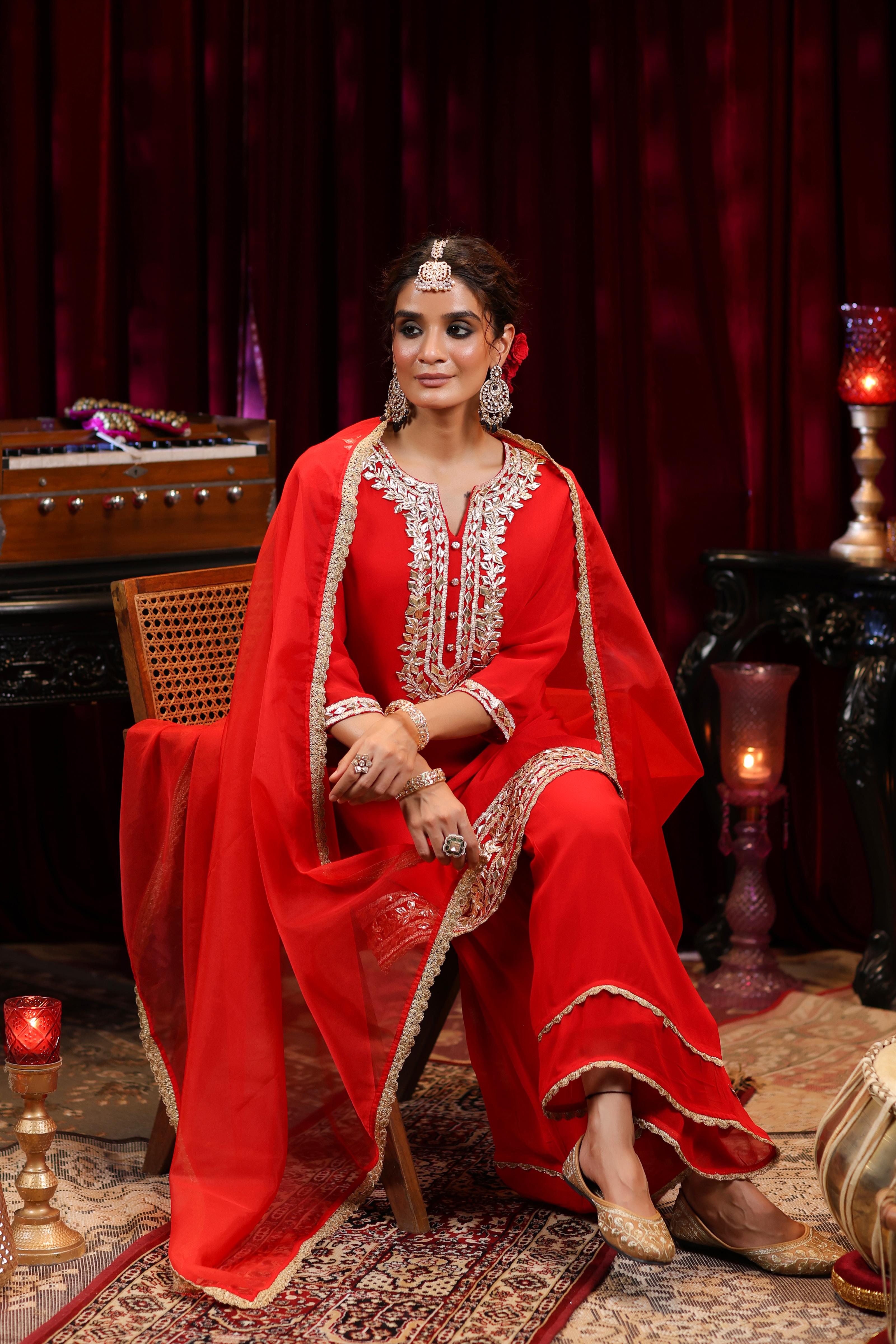 Red Georgette Gota Work Sharara Set