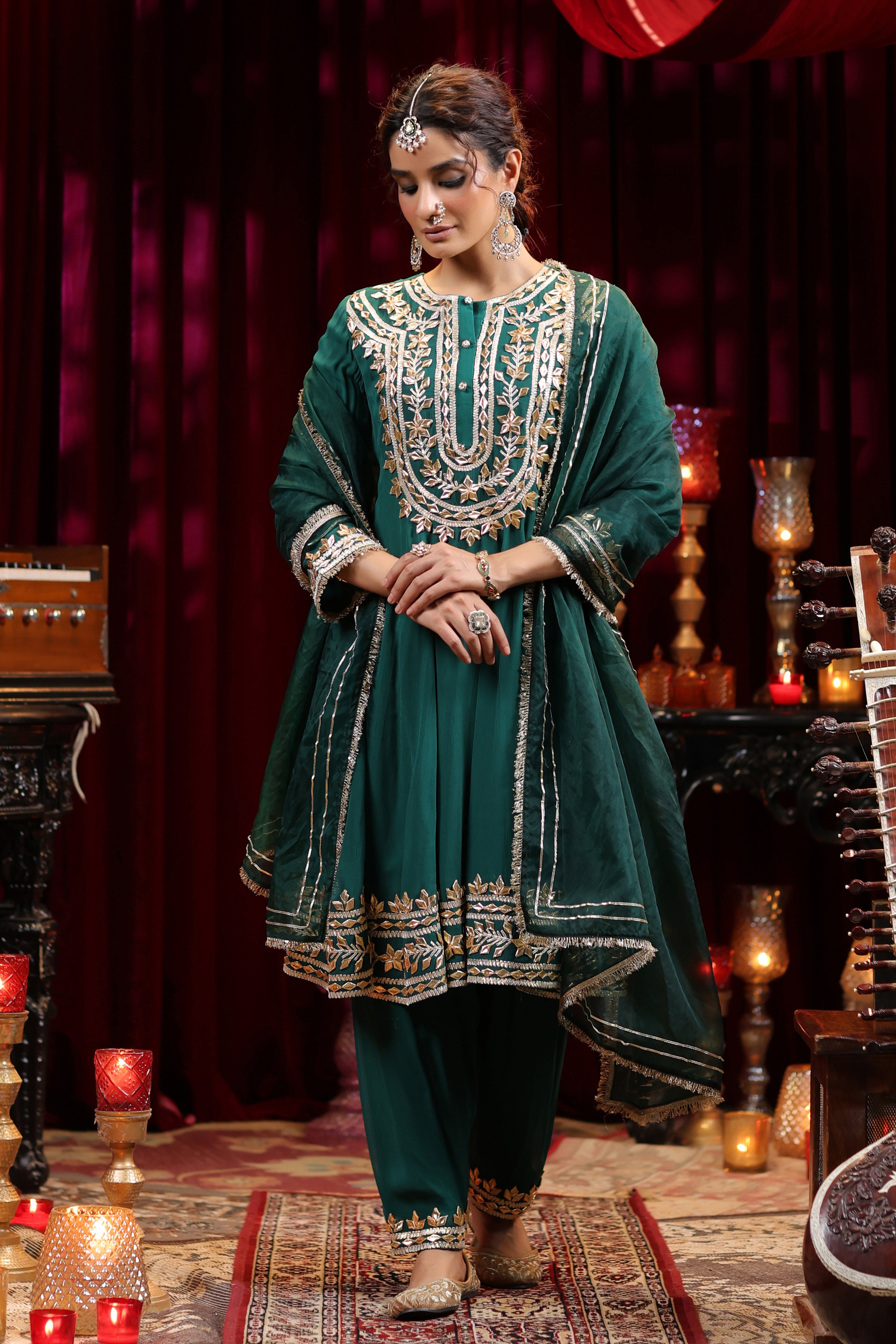 Dark Green Georgette Gota Patti Work Anarkali Set