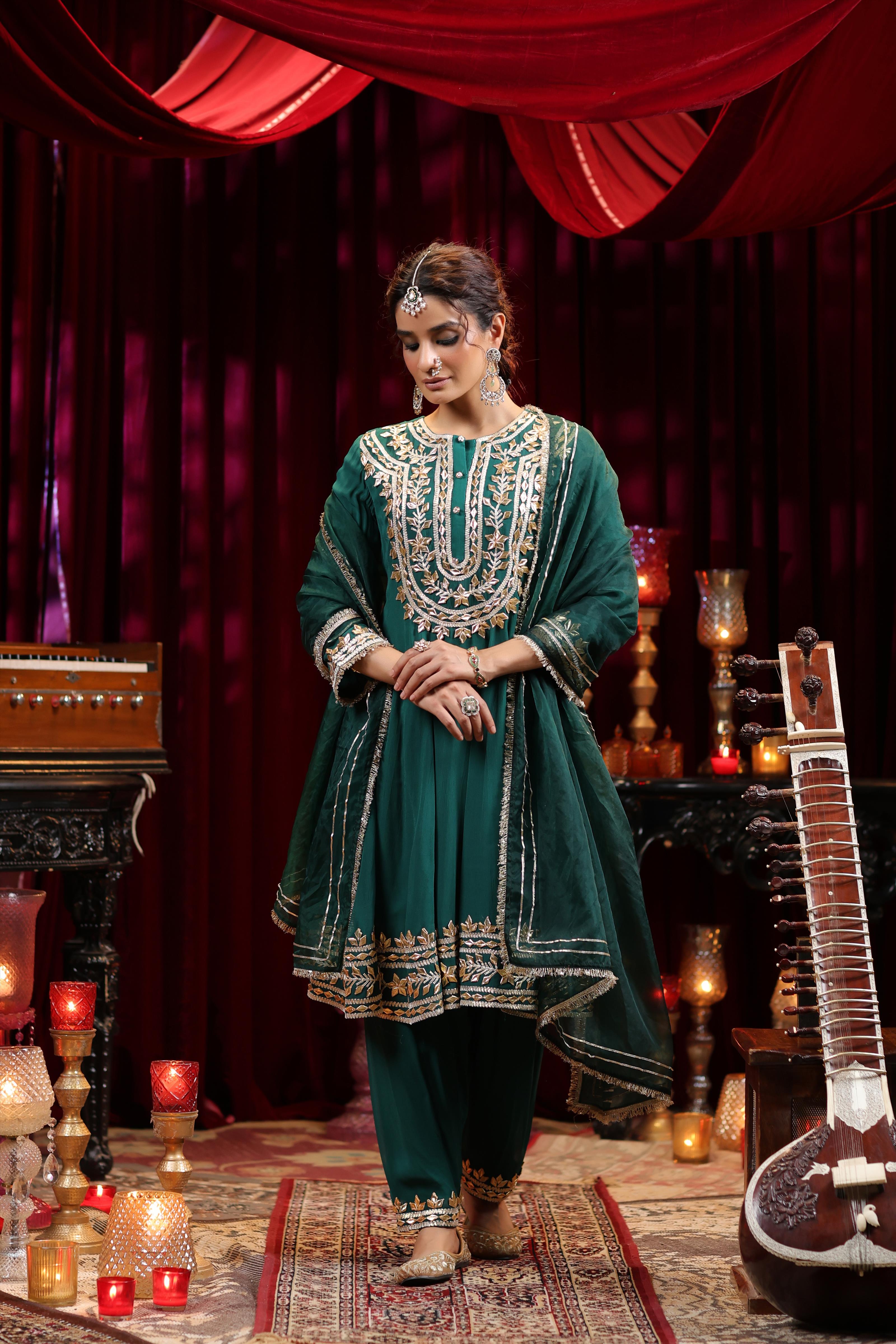 Dark Green Georgette Gota Patti Work Anarkali Set