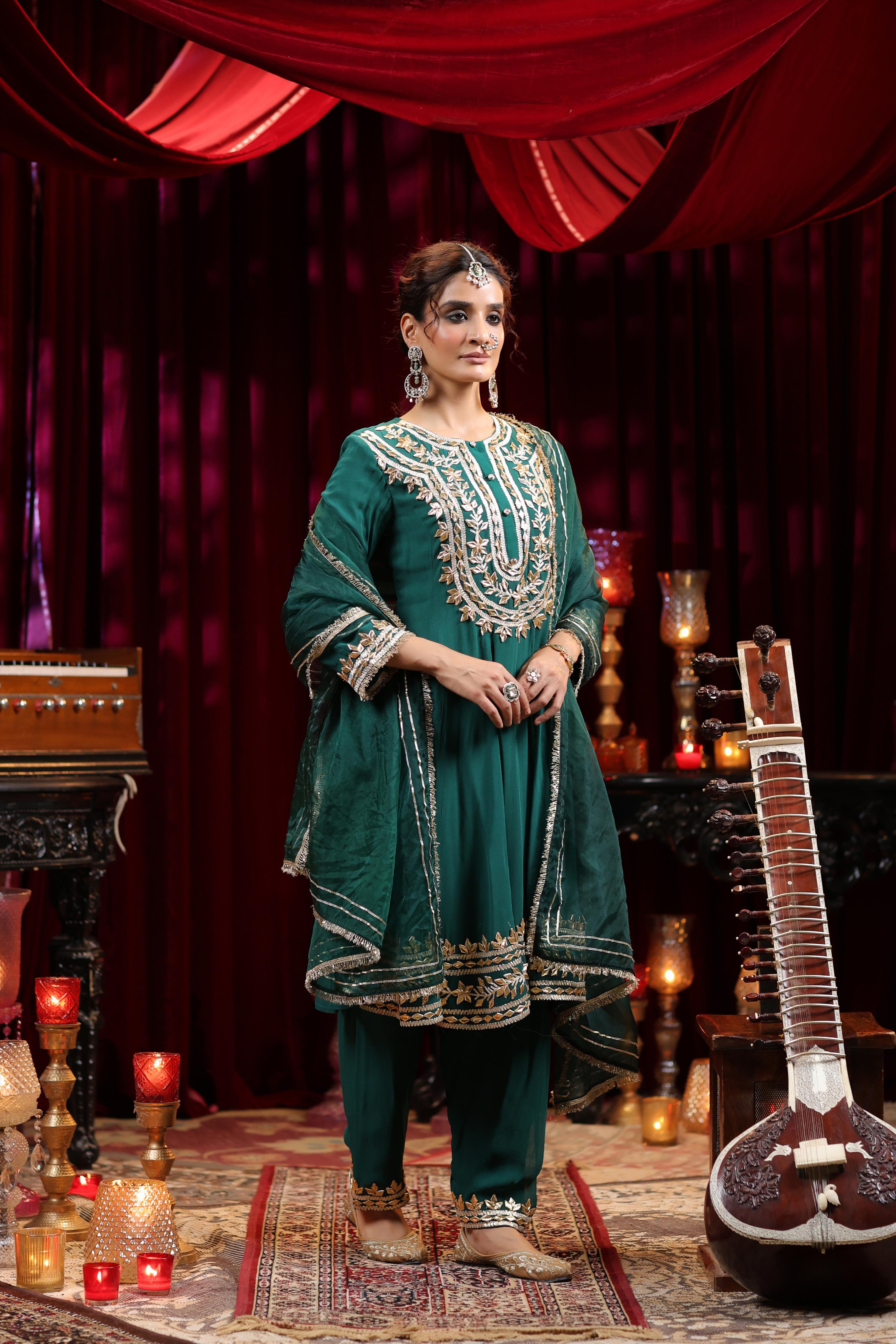 Dark Green Georgette Gota Patti Work Anarkali Set