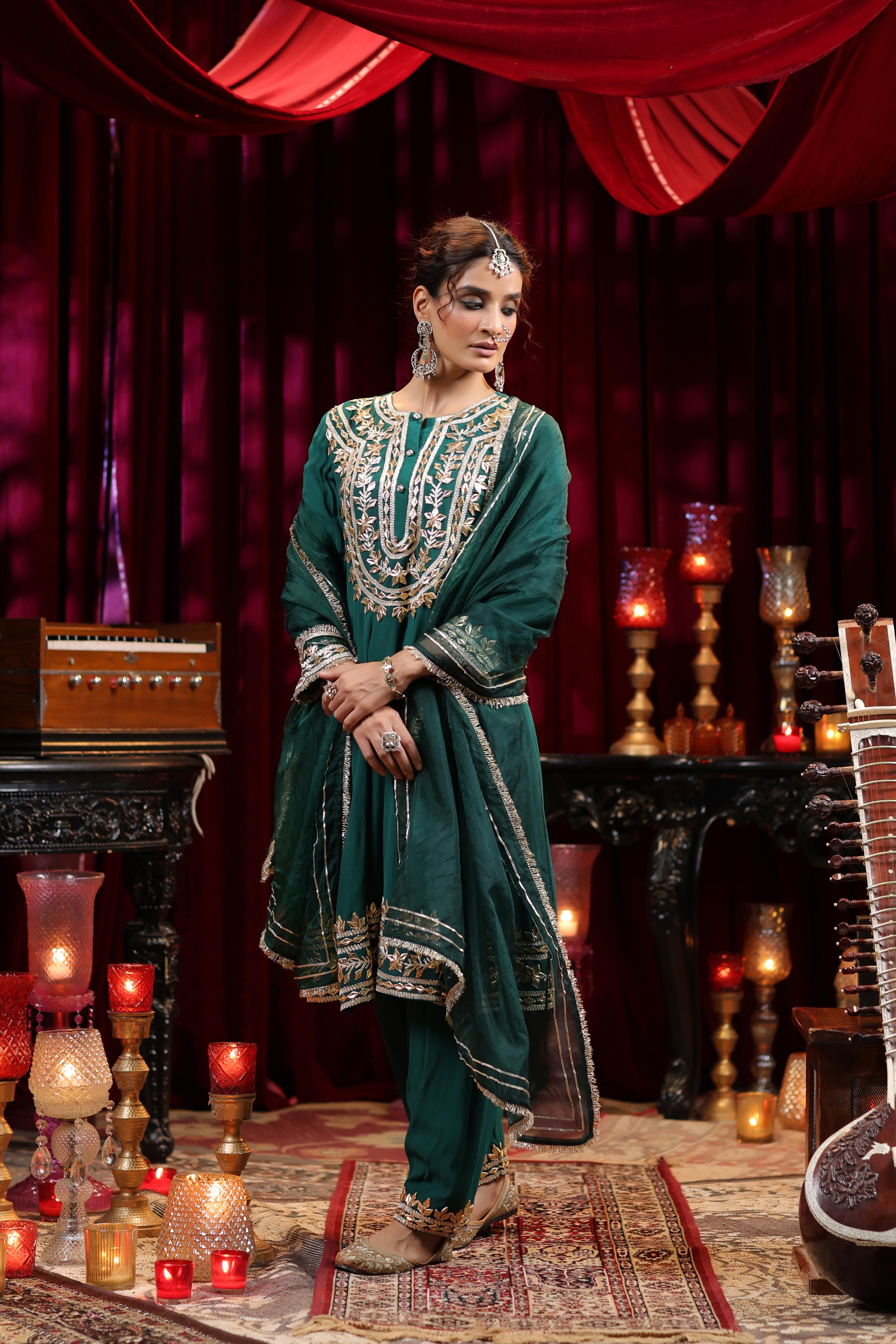 Dark Green Georgette Gota Patti Work Anarkali Set