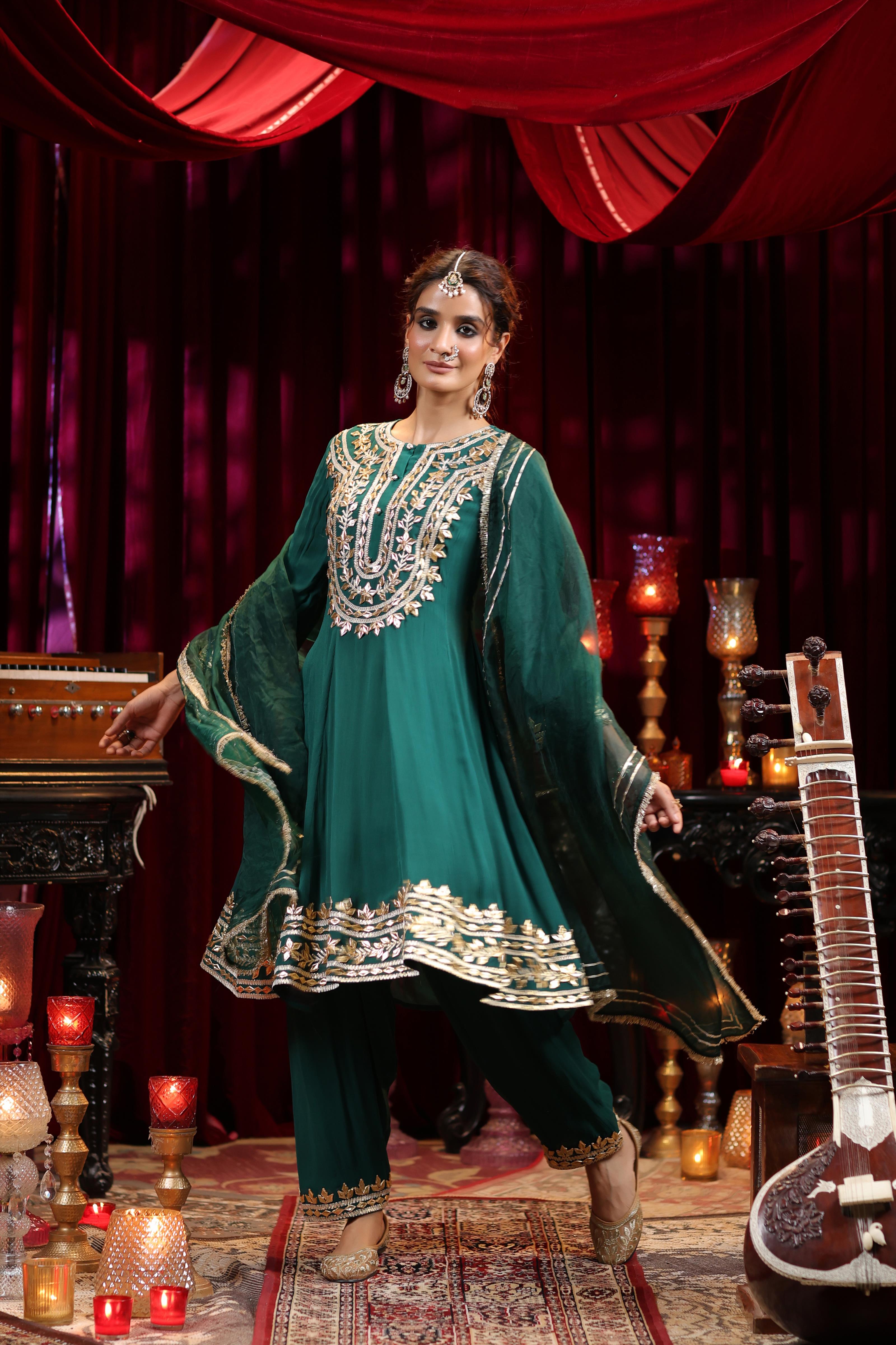 Dark Green Georgette Gota Patti Work Anarkali Set