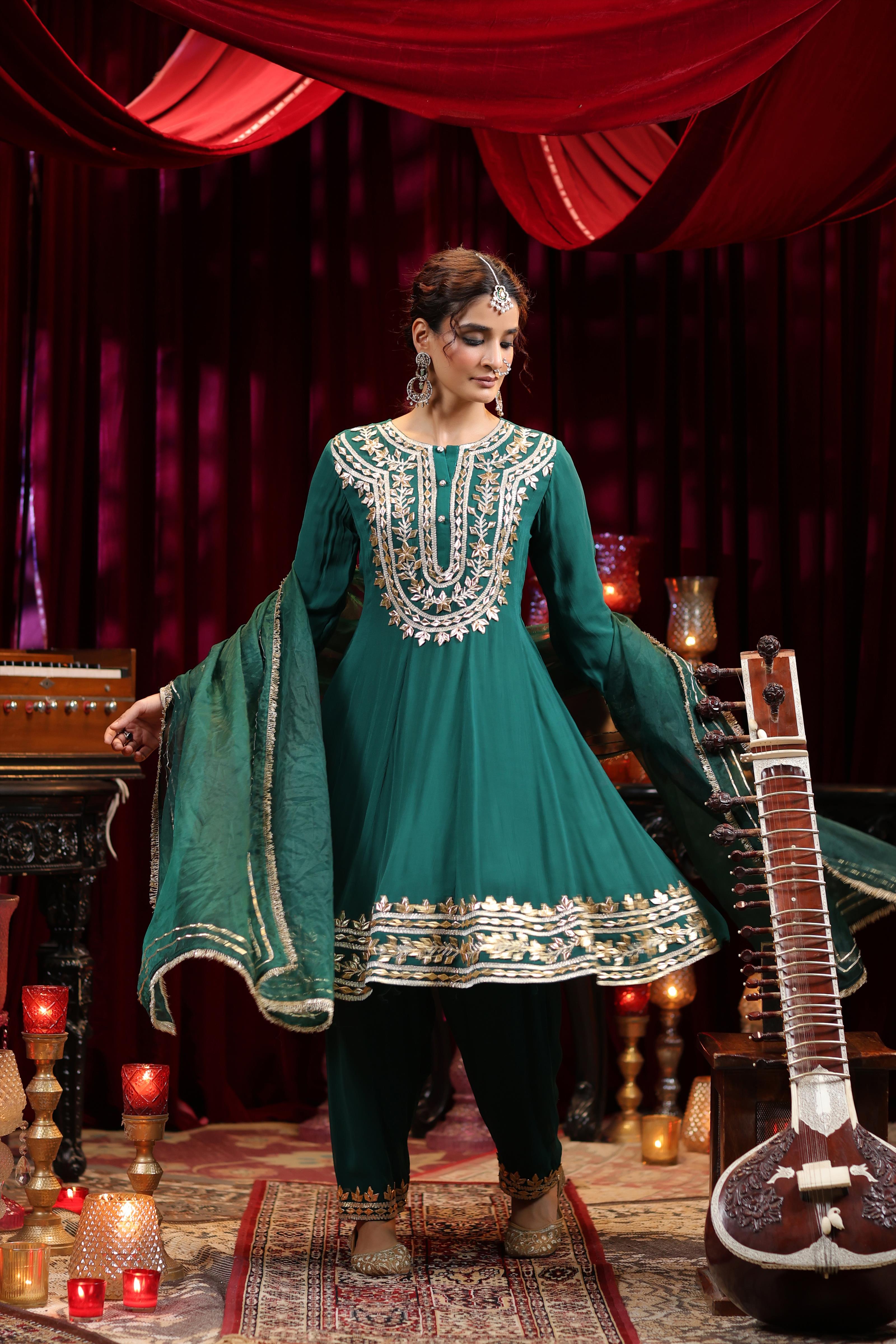 Dark Green Georgette Gota Patti Work Anarkali Set