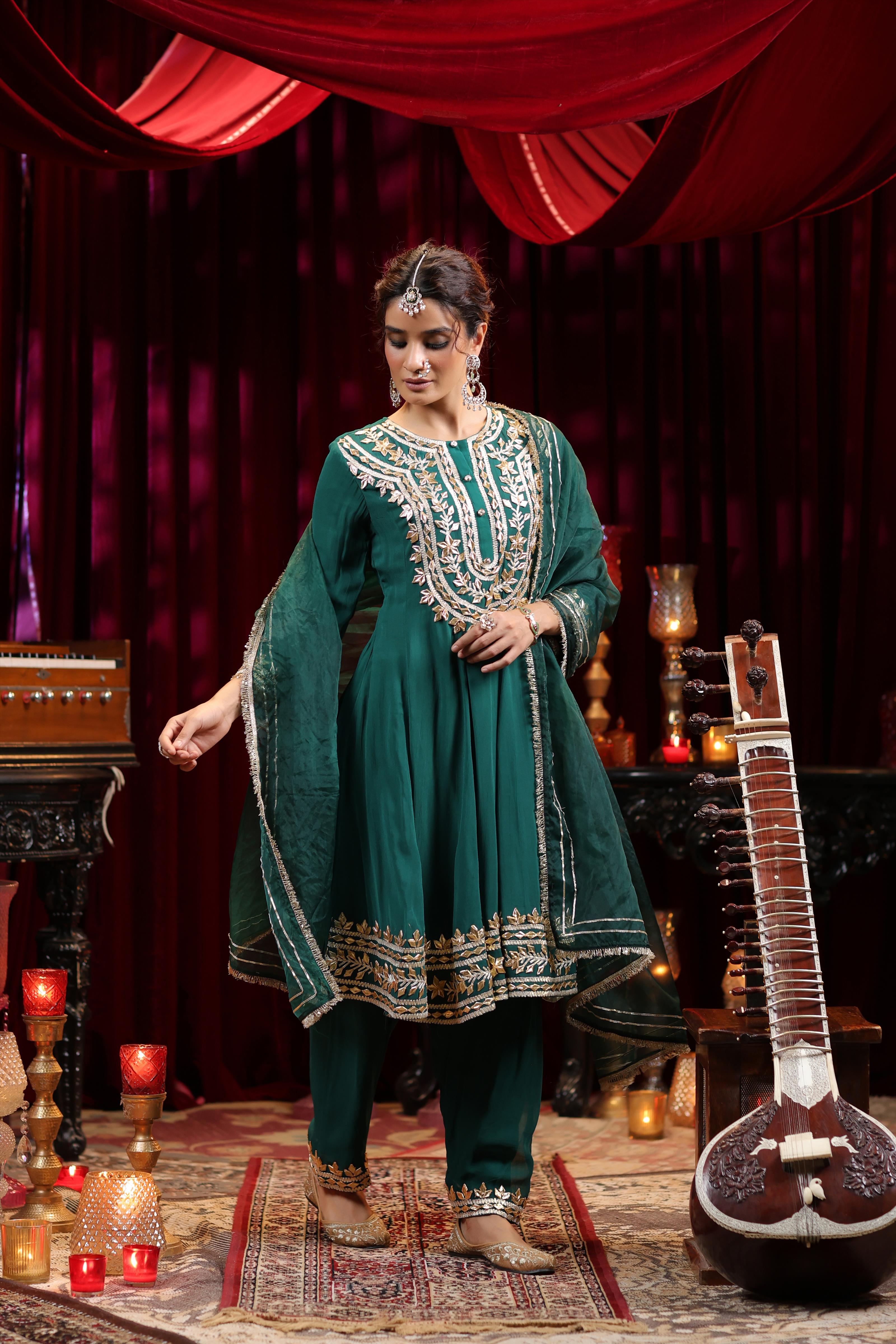 Dark Green Georgette Gota Patti Work Anarkali Set