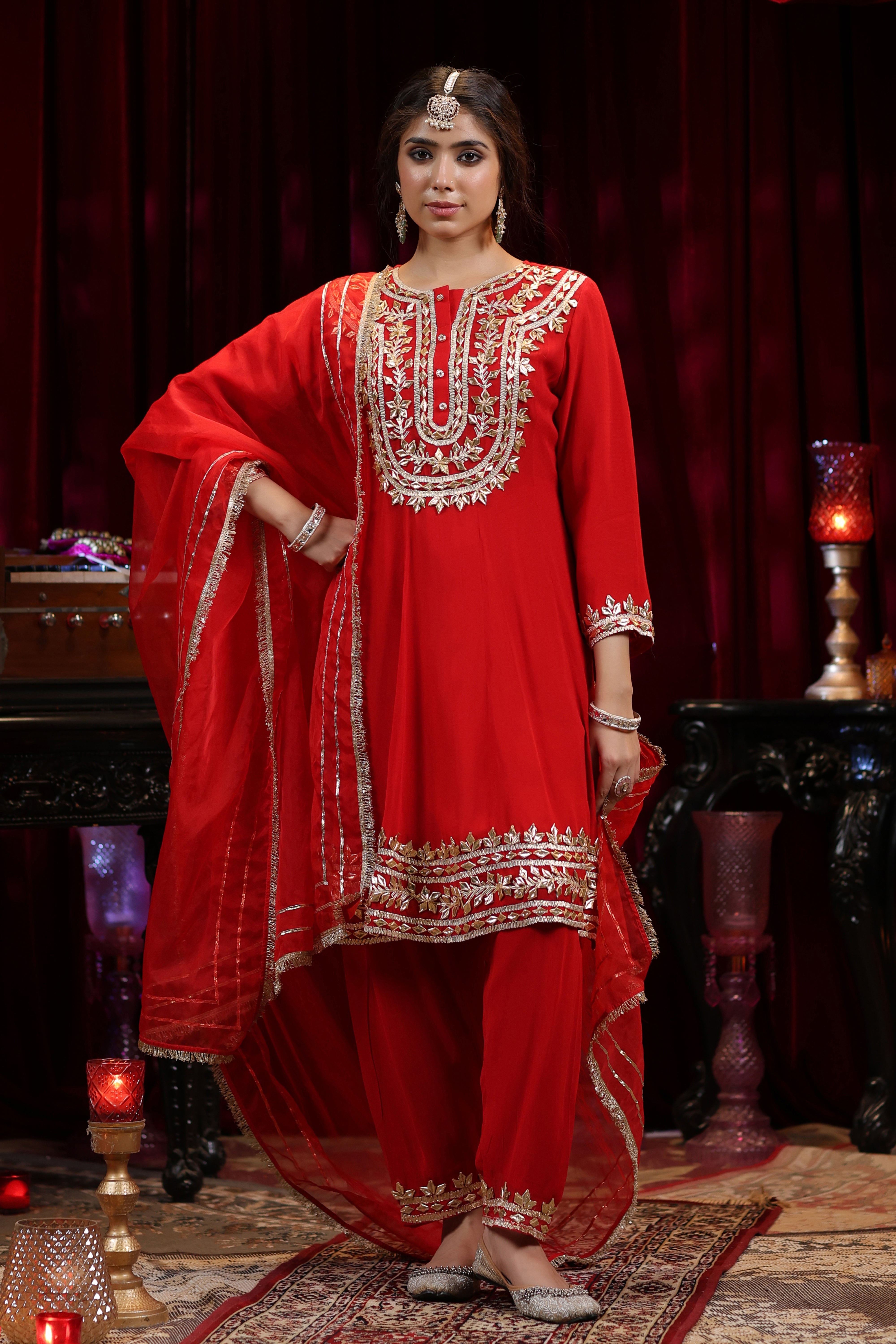 Red Georgette Gota Patti Work Anarkali Set